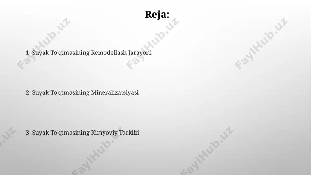 k matritsasining organik qismi, kollagen bilan birga, proteoglikanlar va glikoproteinlarni ham o'z ichiga oladi, ular suyakning shakllanishi, mineralizatsiyasi va rezorbsiyasi jarayonlarida muhim rol o'ynaydi, bu jarayonlarning buzilishi, masalan, o'zbekistonda osteoporozning yuqori tarqalganligiga olib kelishi mumkin. suyak hujayralari: osteoblastlar, osteotsitlar va osteoklastlar osteoblastlar suyak matriksining asosiy tarkibiy qismlarini, jumladan i turdagi kollagenni va 25 dan ortiq turdagi boshqa oqsillarni, masalan, osteokalsinni, sintez qiladi va kaltsiy fosfat kristallarining hosil bo'lishini boshqaradi. osteoklastlar, ko'p yadroli gigant hujayralar bo'lib, suyakni qayta so'rish jarayonida ishtirok etadi, ularning faolligi parathyroid gormoni tomonidan tartibga solinadi va osteoklastlarning 100 dan ortiq yadrosi bo'lishi mumkin. kaltsiy va fosfat metabolizmi 1,25-dihidroksivitamin d3 (kaltsitriol) kaltsiy va fosfatning ichakdan so'rilishini oshiradi va shu bilan birga suyaklarning mineralizatsiyasiga yordam beradi, bu jarayonlarning buzilishi raxit kabi kasalliklarga olib kelishi mumkin, bu esa, ayniqsa, bolalar klinikasida uchraydi. fosfat metabolizmi buyraklar, ichak va suyaklar o'rtasidagi murakkab o'zaro ta'sirni o'z ichiga oladi; buyraklar qonda fosfat miqdorini 1-5 …