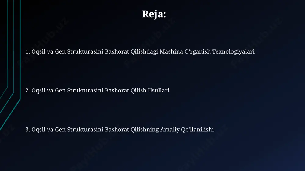 ik bilan bashorat qilish imkonini beradi. mashina o'rganish usullari mashina o'rganishning gradient boosting usuli, turli xil xususiyatlarni birlashtirib (masalan, gidrofobiklik, zaryad), oqsil tuzilmasini 70% aniqlik bilan bashorat qilish imkonini beradi. mashina o'rganishning chuqur neyron tarmoqlari, masalan, 100 dan ortiq qatlamli cnn yoki rnn modellari, oqsil tuzilmasini bashorat qilishda 90% dan yuqori aniqlikka erishishi mumkin. oqsil ketma-ketligini tahlil qilishda qo'llaniladigan svm (support vector machine) algoritmi, 10000 dan ortiq oqsil ketma-ketligini o'rganish orqali, yangi oqsilning tuzilmasini taxmin qilishda 85% aniqlikka ega. gen ifodasini bashorat qilish gen ifodasini bashorat qilishda, mashina o'rganish algoritmlari 90% gacha aniqlik bilan transkripsiya omillarining bog'lanish joylarini aniqlay oladi. gen ifodasi darajasini aniqlash uchun rna-seq ma'lumotlaridan foydalaniladi va kamida 10 million o'qish (reads) talab etiladi yuqori aniqlikka erishish uchun. promoter hududlaridagi cpg orolining metilatsiyasi darajasi gen ifodasining susayishi bilan 50% ga yaqin korrelyatsiyaga ega. oqsil tuzilishini bashorat qilish usullari ab initio modellashtirish usuli esa, oqsilning aminokislota ketma-ketligidan boshlanib, fizik …