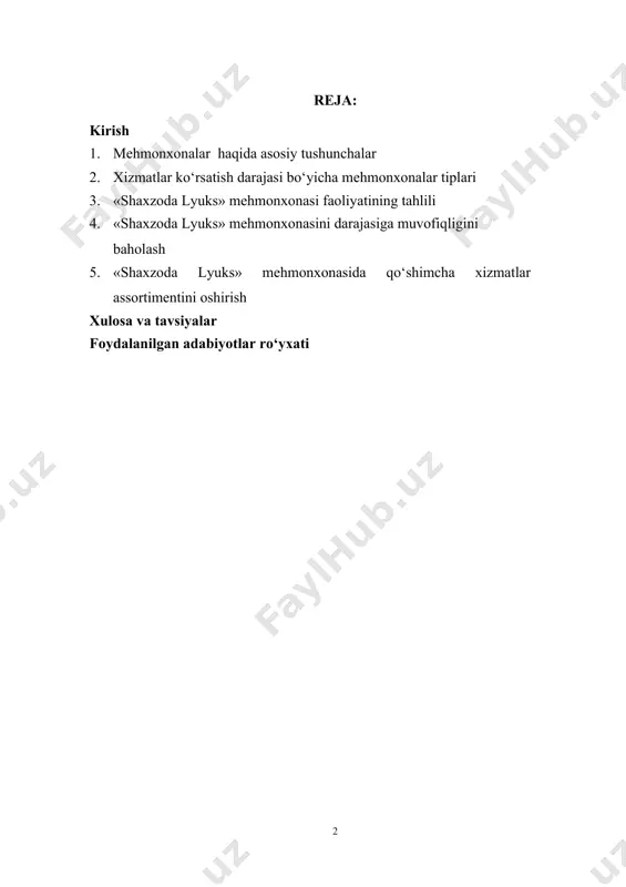hni bir-biridan ajratishdan iborat. ularni «darvesh mangal» mehmonxonasi misolida tahlil qilish va o‘rganish. samarqand shahridagi faoliyat ko‘rsatayotgan korxonalardan biri – «shaxzoda lyuks» mehmonxonasidir. mehmonxona korxonasida xizmat ko‘rsatishni tashkil etish bilan bog‘liq bo‘lgan ijtimoiy va iqtisodiy munosabatlar majmuasi hisoblanadi. 1. mehmonxonalar haqida asosiy tushunchalar mehmonxonalar turizmning ajralmas qismi bo‘lib, turistik industriya tarkibiga kiradi. mehmonxona faoliyati huquqiy shaxs va individual tadbirkorlarning faoliyati sifatida belgilanadi. ya’ni ular bevosita o‘zlari ixtiyori va boshqaruvida bo‘lgan biror-bir jamoaviy joylashtirish vositasiga ega bo‘ladilar, fuqarolarga joylashtirish va xizmatlar ko‘rsatishadi, shuningdek,boshqa mehmonxona xizmatlarini tashkil etish, ko‘rsatishdan tortib amalga oshirishgacha bo‘lgan faoliyatni olib borishadi. butunjahon savdo tashkilotining(bst) belgilashi bo‘yicha mehmonxona – bu jamoaviy joylashtirish vositasi bo‘lib, ma’lum nomerlar sonidan iborat bo‘lgan, yagona rahbarlikka ega xizmatlar to‘plamini taqdim etadi (kamida – to‘shakni tartibga keltirish, nomer (xona) va sanuzelni yig‘ishtirish), klass va toifa (kategoriya)larga guruhlanganiga muvofiq jihozlangan nomerlar va xizmatlarni taqdim qiladi. odatda mehmonxonalar quyidagi belgilarga ega bo‘ladi: · mehmonxona nomerlardan iborat, …