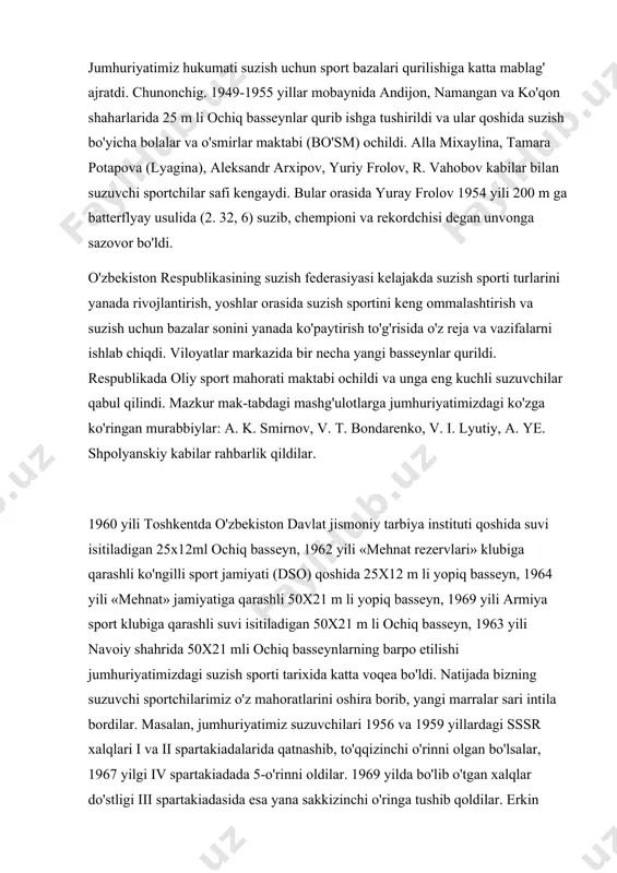 yn, 1964 yili «mehnat» jamiyatiga qarashli 50x21 m li yopiq basseyn, 1969 yili armiya sport klubiga qarashli suvi isitiladigan 50x21 m li ochiq basseyn, 1963 yili navoiy shahrida 50x21 mli ochiq basseynlarning barpo etilishi jumhuriyatimizdagi suzish sporti tarixida katta voqea bo'ldi. natijada bizning suzuvchi sportchilarimiz o'z mahoratlarini oshira borib, yangi marralar sari intila bordilar. masalan, jumhuriyatimiz suzuvchilari 1956 va 1959 yillardagi sssr xalqlari i va ii spartakiadalarida qatnashib, to'qqizinchi o'rinni olgan bo'lsalar, 1967 yilgi iv spartakiadada 5-o'rinni oldilar. 1969 yilda bo'lib o'tgan xalqlar do'stligi iii spartakiadasida esa yana sakkizinchi o'ringa tushib qoldilar. erkin usulda 4x100 m ga estafeta suzishda qizlarimiz: svetlana babanina, natalya ustinova, raisa manina va rita pavlovalar oltiya medalga sazovor bo'ldilar (1967 y. ) sobiq xalqlari spartakiadalarida 18 ta komanda orasida respublikamizning qo'lga kiritgan jami yutuqlari jadval ko'rinishida quyidagicha ifodalanadsh jadvaldan ko'rinib turibdiki, 1967 yili iv spartakiadada o'zbekiston suzish sporti turlari bo'yicha bir qadar muvaffaqiyat qozongan, ammo keyingi …