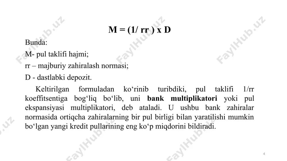 ishiga ega. muvozanat nuqtasida pul talabi va taklifi o‘zaro teng (2-rasm). 15 o‘zgarib turuvchi foiz stavkasi pul bozorini muvozanatda ushlab turadi. foiz stavkasining o‘zgarishi natijasida iqtisodiy agentlar o‘z aktivlari tarkibini o‘zgartirgani tufayli pul bozorida muvozanatga erishish uchun vaziyatga ta’sir etib uni o‘zgartirish zarur va mumkindir. agar r juda yuqori bo‘lsa, pul taklifi unga bo‘lgan talabdan yuqori bo‘ladi. iqtisodiy agentlar o‘zlarida to‘planib qolgan ortiqcha naqd pullarni aksiya va obligatsiyalarga aylantirib, ulardan qutilishga intilishadi. yuqori foiz stavkasi, ta’kidlanganidek, obligatsiyalar kursining pastroq darajasiga mos keladi. shu sababli, arzon obligatsiyalarni (kelajakda foiz stavkasi pasayishi oqibatida ular kursi o‘sishini ko‘zda tutib) sotib olish foydali bo‘ladi. banklar, ms > md bo‘lgani uchun foiz stavkasini pasaytira boshlaydi. asta-sekin iqtisodiy agentlar o‘z avtivlari tarkibini o‘zgartirishi va banklar tomonidan foiz stavkasining o‘zgartirilishi oqibatida pul bozorida muvozanat tiklanadi. foiz stavkasi pasayib ketgan holatda teskari jarayon ro‘y beradi. 16 e’tiboringiz uchun rahmat!!! 17 image1.png image2.wmf oleobject1.bin image3.png image4.wmf oleobject2.bin image5.wmf image6.wmf …