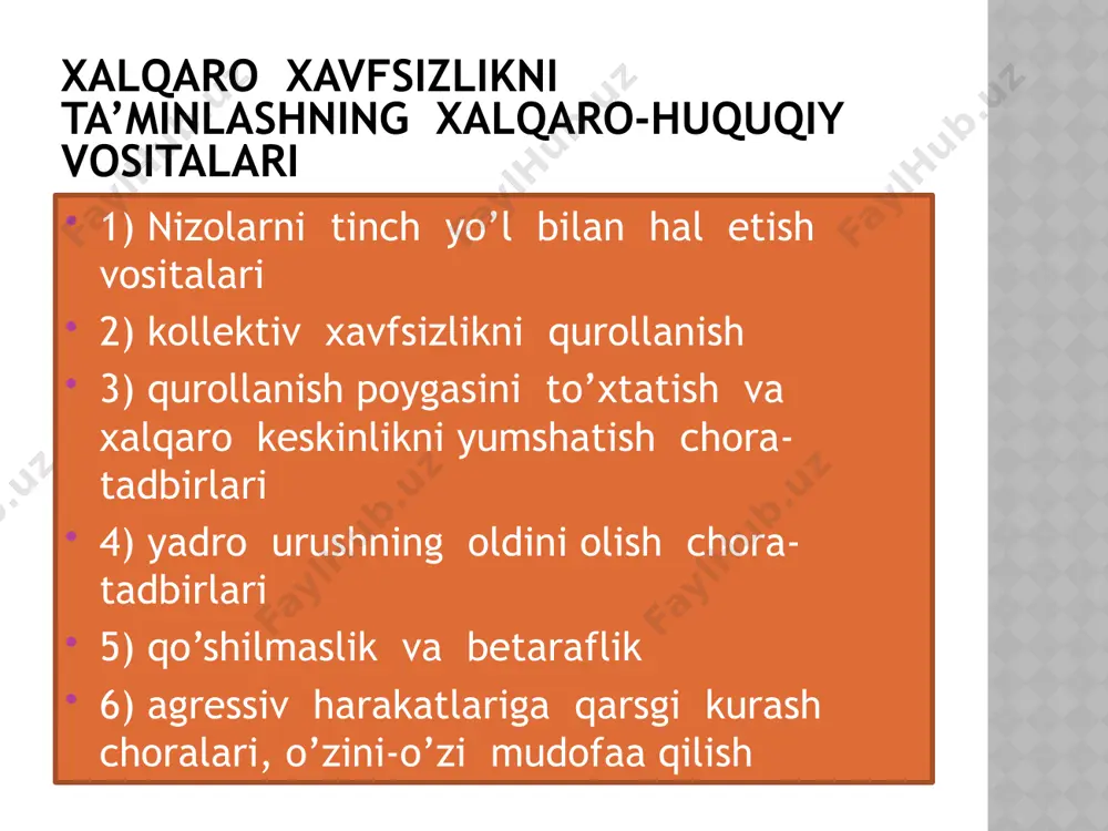 onvensiyasi qurollanish poygasini cheklash va qurolsizlanish oddiy qurollarni cheklash 1987 yilgi rsmd bo’yicha shartnoma yevropadagi oddiy qurollar to’g’risidagi shartnoma yevropa yakunlovchi hujjati yxhk ning yakuniy hujjatlari qurolsizlanish va qurollanish poygasini cheklash sohasidagi xalqaro tashkilotlar hukumatlararo xalqaro tashkilot tushunchasi va belgilari hukumatlararo xalqaro tashkilot-umumiy maqsadga erishish uchun shartnoma asosida ta’sis etilgan doimiy organlariga ega bo’lgan va a’zo davlatlar suverenitetini hurmat qilib faoliyat yuritadigan davlatlar uyushmasi belgilari uch va undan ortiq davlatlar a’zoligi xalqaro ta’sis shartnomaning mavjud bo’lishi doimiy organlari va shtab – kvartirasiga egaligi a’zo davlatlar suverenitetini hurmat qilish ichki ishlarga aralashmaslik qarorlar qabul qilish va ularning yuridik kuchi tartibini o’rnatish xalqaro tashkilotlarning klassifikatsiyasi n0humat xalqaro tashkilotlar (hxt) -siyosiy,mafkuraviy,ijtimoiy-iqtisodiy,kasaba uyushmalari tashkilotlar -xotin-qizlar tashkilotlari,shuningdek oila va bolalikni himoya qilish bo’yicha tashkilotlar -yoshlar,sport,ilmiy,madaniy-oqartuv tashkilotlari -matbuot,kino,radio,televideniya sohasidagi tashkilotlar va boshqalar. hukumatlararo xalqaro tashkilotlar (hxt) -faoliyat predmeti bo’yicha-siyosiy,iqtisodiy,moliya,kredit,savdo,sog’liqni saqlash,madaniyat masalalari bo’yicha va boshqalar -ishtirokchilar davrasi bo’yicha-universal submintaqaviy,mintaqalararo - yangi a’zolar qabul qilish tartibi bo’yicha-ochiq,yopiq -faoliyat …