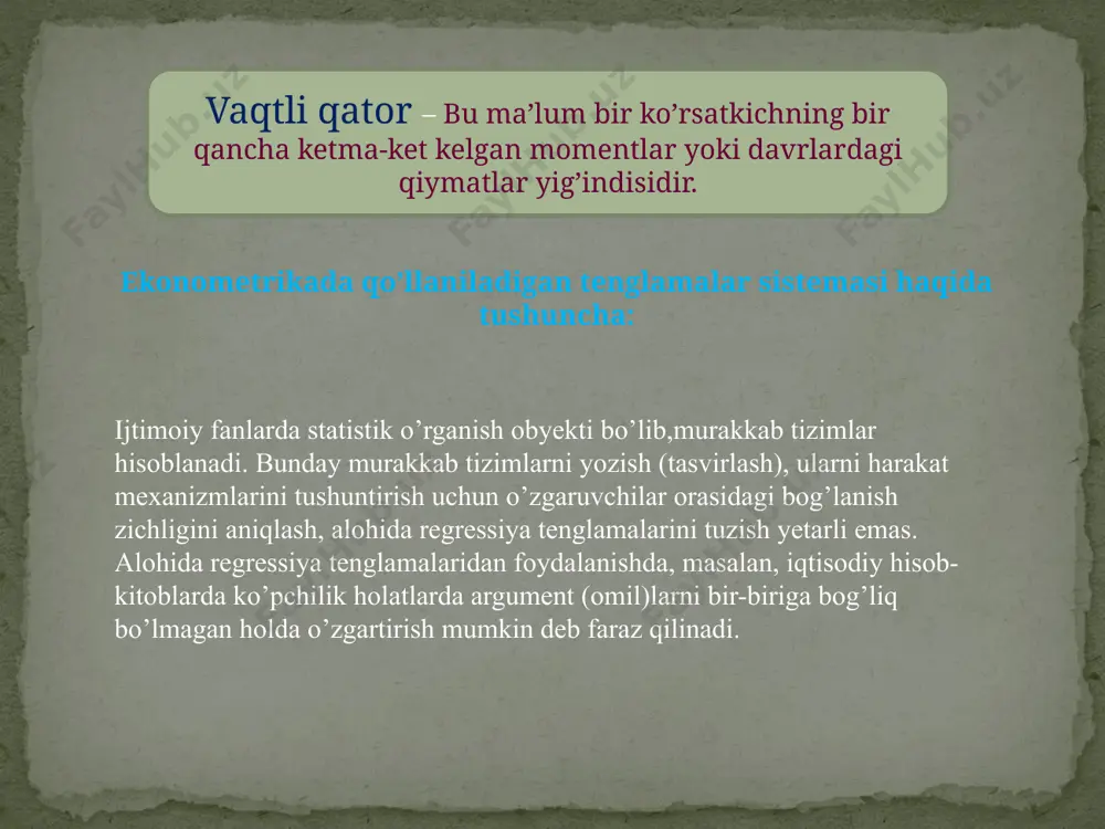 ar deb, ikkinchi turdagi ma’lumotlar asosida tuzilgan modellar esa vaqtli qatorlar modellari deb ataladi. ko’pchilik iqtisodiy ko’rsatkichlar vaqtli qatorlari omillar to’plami o’rganilayotgan ko’rsatkichlar dinamikasiga uzoq muddat ta’sir etishini tavsiflovchi tendentsiyaga ega bo’ladi. haqiqatda, alohida olingan omillar o’rganilayotgan ko’rsatkichga turli yo’nalishlarda ta’sir etishi mumkin. ammo, ular birgalikda o’suvchi yoki kamayuvchi tendentsiyalarni tashkil etadi. ushbu rasmda o’suvchi tendentsiyaga ega bo’lgan gipotetik vaqtli qatorlar ko’rsatilgan. vaqtli qatorning asosiy komponentalari: a – o’suvchi tendentsiya; b – mavsumiy komponenta; v – tasodifiy komponenta o’rganilayotgan ko’rsatkich tsiklik tebranishga ega bo’lishi mumkin. bu tebranishlar mavsumiy xarakterga ega bo’ladi, chunki ko’pchilik iqtisodiy tarmoqlarning iqtisodiyoti yilning davrlariga bog’liq (masalan, yozgi davrda qishloq xo’jaligi mahsulotining bahosi qishki davrdagiga nisbatan arzonroq bo’ladi, kurort shaharlarida qish faslida ishsizlik darajasi yozgi faslga nisbatan yuqori bo’ladi). uzoq vaqt oralig’i uchun ma’lumotlarning katta massivi mavjud bo’lganda bozor kon’yukturasining umumiy dinamikasi hamda mamlakat iqtisodiy holati bilan bog’liq bo’lgan tsiklik tebranishlarni aniqlash mumkin. b)-rasmda faqat mavsumiy komponentaga …