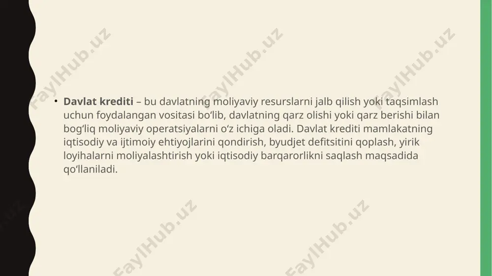 ro tashkilotlarga qarz berishi mumkin. bu moliyaviy ko‘mak ko‘rsatish, diplomatik munosabatlarni rivojlantirish yoki iqtisodiy hamkorlikni mustahkamlash maqsadida amalga oshiriladi. davlat kreditining shakllari: davlat qimmatli qog‘ozlari chiqarish: bu usul davlat ichida yoki tashqarida qimmatli qog‘ozlarni (obligatsiyalar, veksel va boshqalar) chiqarish orqali mablag‘larni jalb qilishni o‘z ichiga oladi. bank kreditlari: davlat tijorat banklari yoki xalqaro moliyaviy tashkilotlardan to‘g‘ridan-to‘g‘ri kredit oladi. bu usul qisqa muddatli moliyaviy ehtiyojlarni qoplash uchun qo‘llaniladi. kredit liniyalari va grantlar: davlat ba’zi hollarda xalqaro tashkilotlar yoki rivojlangan davlatlardan grantlar va kredit liniyalari olishi mumkin. sug‘urta va kafolatlar berish: davlat o‘z kafolati bilan moliyaviy vositalarni chiqarishi yoki davlat korxonalari va tashkilotlari uchun kreditlar olishda sug‘urta rolini o‘ynashi mumkin. davlat kreditining funksiyalari: moliyaviy resurslarni safarbar qilish: davlat krediti orqali byudjetni moliyalashtirish va ijtimoiy-iqtisodiy dasturlar uchun zarur resurslarni safarbar etish mumkin. iqtisodiy o‘sishni rag‘batlantirish: davlat qarzlari yordamida infratuzilma loyihalari, yangi ish o‘rinlari va boshqa rivojlanish loyihalarini moliyalashtirish orqali iqtisodiy faollikni oshirish. tartibga …