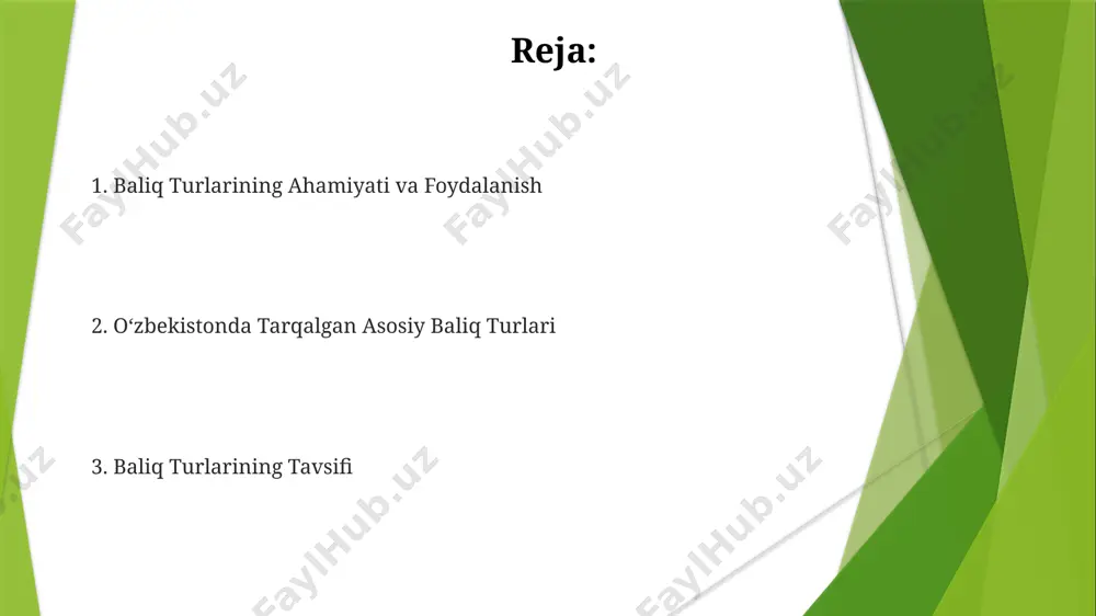 i keladi. urg'ochi sudak bir urchish davrida 200 000 dan 300 000 gacha uvildiriq tashlashi mumkin, bu esa uning populyatsiyasini saqlab qolishga yordam beradi. sazan (cyprinus carpio) sazan o'simlik va hayvonot olami bilan oziqlanadi. uning ratsionida suv o'tlari, mayda umurtqasizlar va suv tubida yashovchi organizmlar – bentosning 70 foizini tashkil etadi. sazan o'zbekiston baliqchiligida katta ahamiyatga ega. yiliga 5 ming tonnagacha sazan yetishtiriladi, bu esa baliqchilikning umumiy hajmining muhim qismini tashkil etadi. sazan o'zbekistonda eng ko'p tarqalgan baliqlardan biri bo'lib, uzunligi 1 metrgacha, og'irligi esa 20 kg gacha yetishi mumkin. u, asosan, daryolar va suv omborlarida uchraydi. bresh (abramis brama) ушбу балиқлар ўзбекистонда апрел ойининг охиридан май ойининг бошларигача, сув ҳарорати 12-15°c га етганда увилдириқ сочади. улар 300,000гача увилдириқ қўйиши мумкин. ўзбекистондаги дўнгпешона балиқлар популяциясининг тахминан 75%и 3-5 ёшдаги балиқлардан иборат. улар асосан сув ўсимликлари, зоопланктон ва бентос билан озиқланади. дўнгпешона балиқлари одатда 25 см дан 40 см гача узунликка …