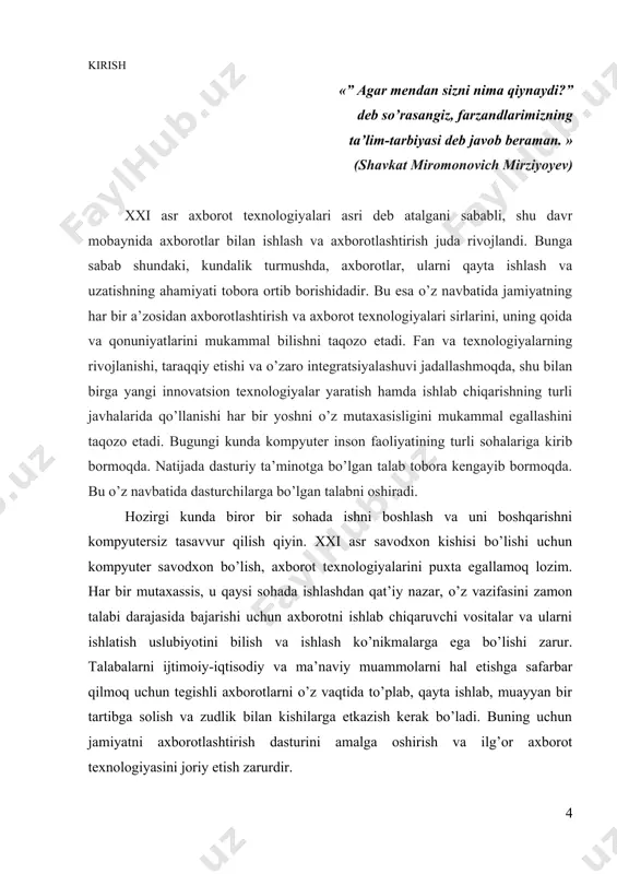 mlari, qo’shib saralash, almashish usulida saralash, saralashning sheyker, sheila usullari, piramida usulida saralash, turnir usulida saralash va ulardan foydalanish usullari haqida tasavvurlar hosil qilish; qidiruv usullari: binar qidiruv. fibonachchi qidiruv, binar daraxt bo‘yicha qidiruv, muvozanatlashtirilgan daraxt bo‘yicha qidiruv; rabin-karp algo ritmi, rekursiv algoritmlar bilan tanishish; paskal dasturlash tili, dasturlash tilining alifbosi, buyruqlar tizimi va operatorlari, katta liklar va ularning tiplari, massivlar, chiziqli, tarmoqlanuvchi va takrorlanuvchi operatorlar, funksiya va protseduralar, fayllar bilan ishlash, tilning grafik imkoniyatlari haqidagi ma’lumotlarga ega bo‘lishdan iborat. natijada “algoritmlar nazariyasi” fanining faoliyati dasturlash va kompyuter texnikasi bilan bog’liq bo’lmagan mutaxassislarning ish vositasiga aylandi. zeroki, bu fanni yaxshi o’zlashtirish zamon talabiga aylanib bormoqda. bularni yaxshi bilgan talaba dasturlash soxasini ham yaxshi o’zlashtira oladi. ushbu kurs ishi davomida “algoritmlar nazariyasi” fani bilan tanishib chiqamiz, daraxtlarning turlarini va ikkilik daraxtlaridan foydalanishni, ular yordamida masalalarni yechishni o’rganamiz. ze’roki, algoritmlash sohasini o’rganish zamon talabiga aylanib bormoqda. · kurs ishining dolzarbligi: ushbu kurs …