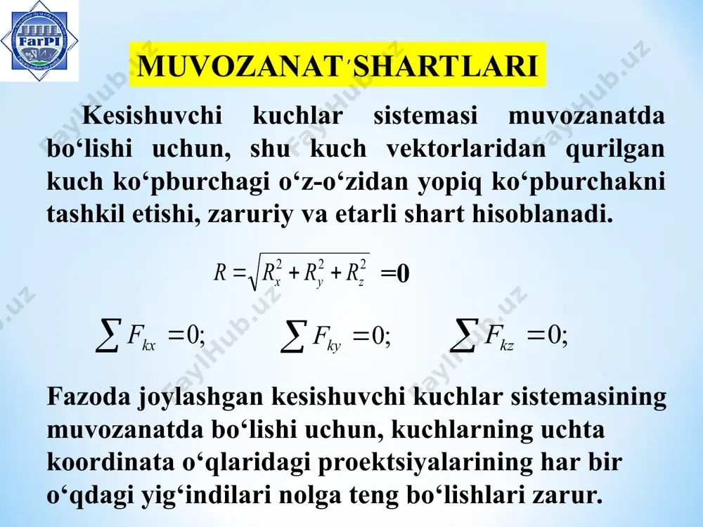 fazoda joylashgan kesishuvchi kuchlar sistemasining muvozanati - Page 2