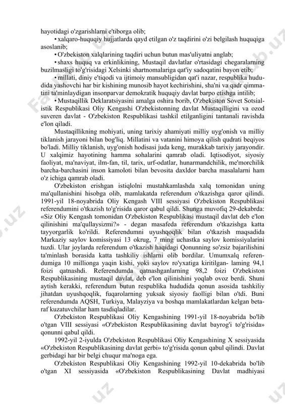 rida va jabhalarda ijro mexanizmini qayta qurishni tezlashtirish vazifalarini vaqtida hal etish, fuqarolar huquqlarini himoya qiluvchi barcha muassasalarni nazorat qilish masalalari ham katta ahamiyat kasb etmoqda edi. 1990-yil 24-31 mart kunlari toshkentda o‘n ikkinchi chaqiriq o`zbekiston ssr oliy kengashining i-sessiyasi bo‘lib o‘tdi. 24-mart kuni sessiya moskvaning tazyiqiga qaramasdan, respublikalar orasida birinchi bolib “o`zbekiston ssr prezidenti lavozimini ta’sis etish to‘g‘risida” qonun qabul qildi. 1990-yil 24-mart kuni oliy kengashda yashirin ovoz berish yo‘li bilan islom abdug‘aniyevich karimov o`zbekiston prezidenti etib saylandi. ana shu sessiyada i.a.karimov nutq so‘zlab, o`zbekistonning siyosiy mustaqilligini, o‘zini-o‘zi idora qilishga va o‘zini-o‘zi pul bilan ta’minlashni o‘zimning asosiy vazifam deb bilaman, deb ta’kidladi. hali sssr va markaziy hokimiyat mavjud bo‘lgan sharoitda o`zbekistonda o‘z prezidentining saylanishi muhim voqea, mamlakatimiz mustaqilligiga erishish sari tashlangan yana bir dadil qadam bo‘ldi. o`zbekiston siyosiy mustaqilligini qo‘lga kiritishga tomon tutilgan yo‘l iqtisodiy mustaqillik masalasi bilan qo‘shib olib borildi. o`zbekiston rahbariyati xalq xo‘jaligini bozor iqtisodiyotiga o‘tkazish yo‘lini …