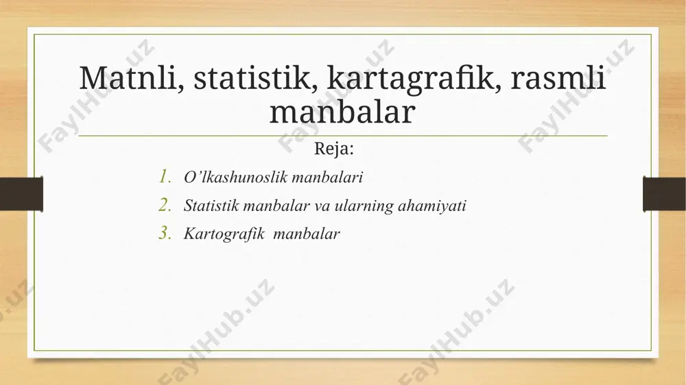 drometeriologiya», markazidan, o`lkada joylashgan meteostantsiyalar va gidropostlardan ham olish mumkin `lka xo`jaligi haqidagi ma’lumotlar qator iqtisodiy kartalardan olinadi: kompleks kartalar, sanoat, qishloq xo`jaligi, transport va boshqa kartalardan olinadi. o`lka tarixi turli xil turixiy voqealar, turli davrdagi siyosiy vaziyat va hozirgi siyosiy kartalardan olinadi. ular turli xil tarixiy va geografik atlaslarda o`z aksini topadi. o`lkadagi turistik komplekslar va dam olish joylari, tarixiy va madaniy yodgorliklar turistik kartalarda berilgan bo`ladi. karta va atlaslar yaratishga kirishilgan kundan boshlab ular uchun zarur bo‘ladigan materiallarni aniqlab, yig‘ib, o‘rganib va uni qayta ishlash boshlanadi. kartani tuzishdan oldin uning uchun qanday materiallar kerakligini, mazmunining mukammallik darajsini, talabga javob bera olishligini, qayerdan olinganligini va qayerda saqlanishini aniqlash kerak. materiallar mazmunini va mukamallik darajasini aniqlovchi asosiy omillar-tuzilayotgan kartaning maqsadi, masshtabi va kimlar uchun mo‘ljallanganligini bilan belgilanadi. sotsial-iqtisodiy kartalarni tuzishda manbalar to‘liq va mukammal bo‘lishi kerak. foydalaniladigan materiallar ma’lum bir ma’muriy hududga tegishli bo‘lishi zarur. masalan, sanoat ko‘rsatkichlari, foydali qazilmalar, …