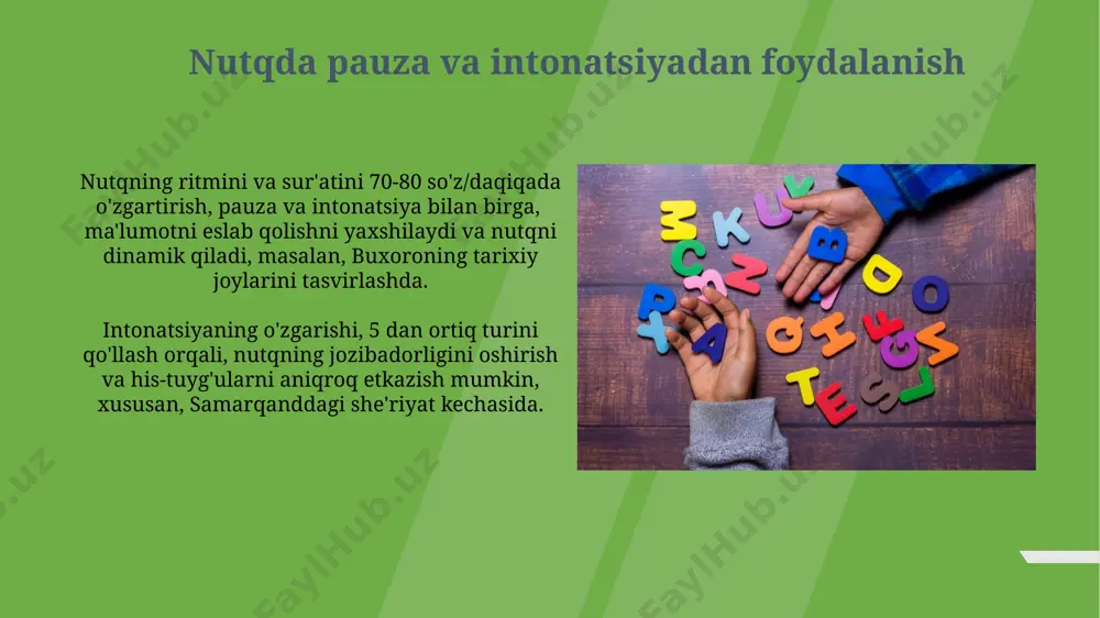 i samarqanddagi 5 tadan ortiq debata ishtirok etib, muloqot koʻnikmalarini amaliy ravishda boyitish mumkin. so'z boyligini oshirish ingliz tilidagi 1000 ta eng ko'p ishlatiladigan so'zlarni o'rganib, ularning o'zbekcha ekvivalentlarini topish va 3 ta turli usulda (yozma, og'zaki va vizual) amalda qo'llash so'z boyligini sezilarli darajada oshiradi, natijani xorazm viloyati maktablarida sinovdan o'tkazish mumkin. so'z boyligini oshirish uchun 20 ta turli mavzulardagi kitoblarni o'qish, har bir kitobdan kamida 3 ta yangi so'zni yozib olish va ularni kundalik hayotda qo'llash, masalan, samarqanddagi tarixiy joylar haqida yozilgan kitoblar orqali amalga oshirilishi mumkin. nutq madaniyatini o'rganish nutq madaniyatini o'rganishda 5 yoshdan 12 yoshgacha bo'lgan bolalar uchun samarqanddagi maxsus dasturlar orqali fonetika va artikulyatsiya ko'nikmalarini rivojlantirishga alohida e'tibor qaratiladi. o'zbekistonning turli hududlarida, masalan, toshkent va xorazmda o'tkazilgan 20 ta tadqiqot nutqning intonatsiya va tempini yaxshilashga oid samarali usullarni aniqladi. o'z fikrlarini izchil va aniq ifodalash fikrlaringizni mantiqiy ketma-ketlikda, 3-5 ta asosiy nuqtaga bo'lib, har bir …