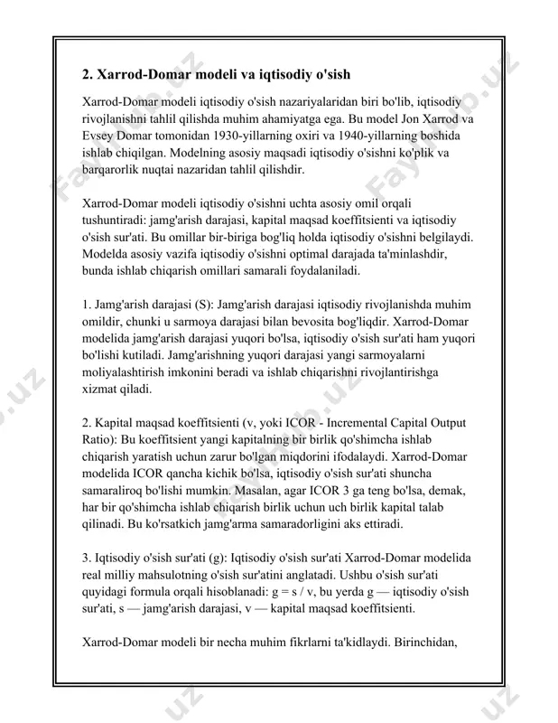 nadi: \[ \delta k = i - dk \] bu yerda \(\delta k\) — kapitalning o‘zgarishi, \(d\) — amortizatsiya darajasi. 3. **iqtisodiy o‘sish omillari**: solou modeliga ko‘ra, iqtisodiy o‘sishni ta’minlovchi asosiy omillar quyidagilar: - **mehnat o‘sishi** (n): mehnat resurslari miqdorining o‘sishi. - **texnologik taraqqiyot** (g): uzoq muddatda yuqori iqtisodiy o‘sishni davom ettirish uchun texnologiyaning yangilanib turishi muhim ahamiyatga ega. modelda bu ko‘pincha ekzojen tarzda qabul qilinadi. 4. **muvozanat holatiga yetishish**: solou modelida uzoq muddatda iqtisodiyot bir muvozanat holatiga keladi, bu holatda odam boshiga kapital o‘zgarmaydi (ya’ni, har bir ishchi uchun kapital miqdori barqaror bo‘ladi). bu holatga "barqaror holat" deyiladi. 5. **barqaror holatda iqtisodiy o‘sish**: solou modelida iqtisodiyot barqaror holatga kelganda, odam boshiga ishlab chiqarish, iste’mol va kapital ma'lum darajada qotib qoladi. barqaror holatda o‘suvchi omillar asosan mehnat o‘sishi va texnologik taraqqiyot bilan belgilanadi. 6. **muvozanat holatini hisoblash**: asosiy muammo barqaror holatda ishlab chiqarish darajasini hisoblashdir, bu nuqtada kapital va mehnatning …