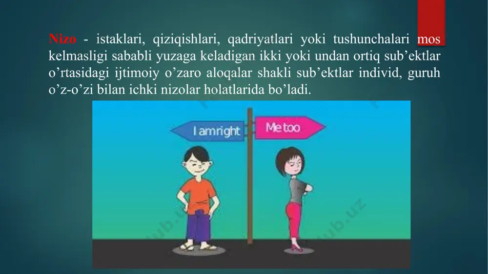 ikki xil shart-sharoit mavjud. nizolarning yuzaga kelishida sub’ektiv shart-sharoitlarga: ishbilarmonlik munosabatlarida negativ yo’llarning ko’rinishi; shaxslararo munosabatlarda shaxsga oid xususiyatlarning namoyon bo’lishi; muomalani tashkil etishda nunoqlik va savodsizlikning kuzatilishi. har bir nizo alohida hodisa sifatida tahlil qilinadi, lekin ularning barchasiga xos bo’lgan ayrim qonuniyatlar borki, ularga avvalo uning bosqichlari yoki fazalari kiradi: nizo oldi bosqich – konfrontatsiya. nizoning o’zi – kompromiss yoki janjal. nizodan chiqish – muloqot yoki dissonans. birinchi bosqich: konfrontatsiya - konkret masala yuzasidan fikrlar yoki qarashlarda tafovut yoki qarama- qarshilik uchun shart-sharoit paydo bo’ladi. ikkinchi bosqich: kompromiss yoki janjal - har ikkala tomon o’z qarashlarini qarshi tomonnikidan afzal bilib, ochiqchasiga bir- birlarini ayblay boshlaydilar. nizoli holatlarda shaxsning qanday xulq-atvor xususiyatlarini namoyon etishiga qarab turli toifalar kuzatiladi. uchinchi dissonans bosqich: (tovushlar nizodan chiqish uyg’unsizligi, - muloqot yoki hamohanglikning, uyg’unlikning yo’qligi yoki buzilishi: aksi konsonans (bir necha tovushlarning garmonik uyg’unligi; ohangdorligi). professorlar fridrix markovich borodkin, n.m.koryak va r.z.jumayevlar nizoli vaziyatlarda …