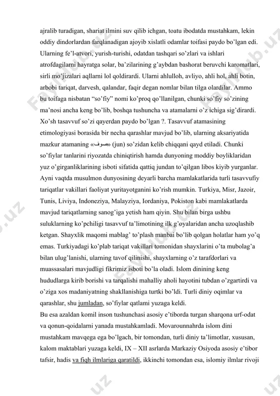 shayxlik maqomi mablag’ to’plash manbai bo’lib qolgan holatlar ham yo’q emas. turkiyadagi ko’plab tariqat vakillari tomonidan shayxlarini o’ta mubolag’a bilan ulug’lanishi, ularning tavof qilinishi, shayxlarning o’z tarafdorlari va muassasalari mavjudligi fikrimiz isboti bo’la oladi. islom dinining keng hududlarga kirib borishi va tarqalishi mahalliy aholi hayotini tubdan o’zgartirdi va o’ziga xos madaniyatning shakllanishiga turtki bo’ldi. turli diniy oqimlar va qarashlar, shu jumladan, so’fiylar qatlami yuzaga keldi. bu esa azaldan komil inson tushunchasi asosiy e’tiborda turgan sharqona urf-odat va qonun-qoidalarni yanada mustahkamladi. movarounnahrda islom dini mustahkam mavqega ega bo’lgach, bir tomondan, turli diniy ta’limotlar, xususan, kalom maktablari yuzaga keldi, ix – xii asrlarda markaziy osiyoda asosiy e’tibor tafsir, hadis va fiqh ilmlariga qaratildi, ikkinchi tomondan esa, islomiy ilmlar rivoji mazkur hududda tasavvuf oqimining yuzaga kelishi va keng tarqalishi uchun asosiy omil bo’lib xizmat qildi. musulmon sharqi mamlakatlari ijtimoiy va ma’naviy hayotiga chuqur kirib borgan tasavvuf ta’limoti fan, madaniyat va adabiyot rivojiga ijobiy …