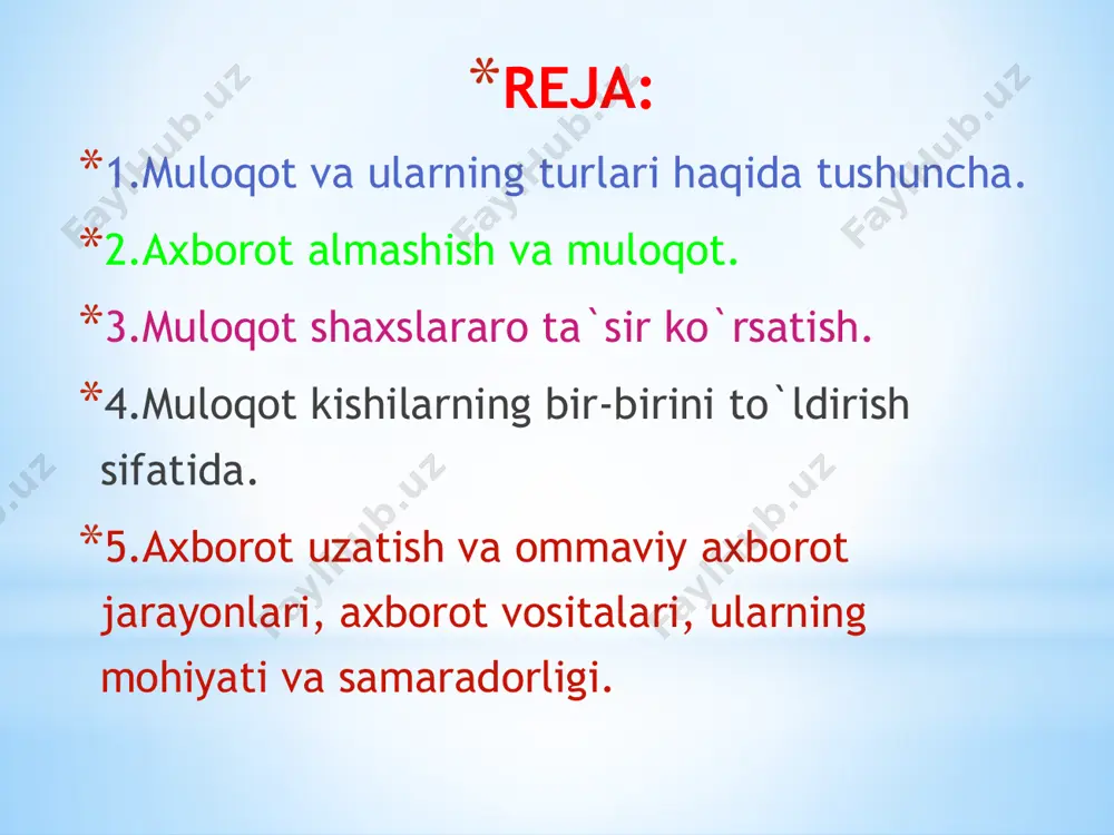nuvi siftida talqin etish mumkin. ammo insonlararokommunikatsiya shunchaki axborot almashinuvidan iborat emas. ch unki muloqot jarayonida axborot nafaqat uzatiladi, balki shakllantiriladi, aniqlashtiriladi, rivojlantiriladi. muloqot jarayonida kommunikator (axborot yuborayotgan kishi) va retsipiyent (axborot qabul qilayotgan kishi) bir xil kodlashtirish hamda dekodlashtirish tizimiga ega bo'lishi kerak. yagona tizimni qabul qilishgina kommunikativ jarayon ishtirokchilariga bir-birini tushunish imkonini beradi. muloqotning interaktiv tomoni – birgalikdagi faoliyatni tashkil etish va amalga oshirishda muloqot ishtirokchilarining bir-biriga ta’sir o'tkazishidir. kommunikatsiya orqali kishilar birgalikdagi umumiy faoliyatni tashkil etadilar. bunda kishilar albatta, bir-birlariga ta ’sir ko'rsatadilar. shuning uchun o'zaro ta’sir birgalikdagi faoiiyatning tashkil etilishi sifatida tushuniladi. birgalikdagi faoiiyatning uch xil modeli mavjud: 1. har bir ishtirokchi boshqalardan mustaqil ravishda o'ziga tegishli qismini bajarishi (masalan, shanbalikdagi ish, uy ishlari). 2. umumiy vazifaning bosqichma-bosqich har bir ishtirokchi tomonidan bajarilishi (konveyerdagi ish). 3. har bir ishtirokchi boshqalar bilan birgalikda bir vaqtning o'zida umumiy faoliyat bilan mashg'ul bo'lishi (futbol jamoasidagi ish). muloqotning perseptiv - …