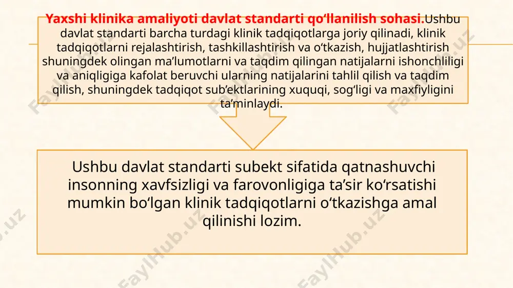 ri; -tadqiqotda sub’ektlarni ishtirok etishga jalb etishga qaratilgan harakatlarning ta’rifi (masalan reklama e’lonlari); -sub’ektlarga taqdim qilinadigan yozma maateriallar; -tadqiqotchi uchun yozma broshyura; -xavfsizlikka taalluqli ma’lumot; -tadqiqotchining ilmiy biografiyasining joriy versiyasi va uning malakasini tasqiqlovchi boshqa materiallar; -meq taklif qilinayotgan klinik tadqiqotni oqilona muddatlarda o‘tkazish to‘g‘risidagi masalani ko‘rib chiqishi va tadqiqotni aniq identifikatsiya qilib, o‘z fikrini, ko‘rib chiqilgan hujjatlarni va quydagi qarorlarni qabul qilishda sanalarni hujjatlar bilan rasmiylashtirishi lozim: -ma’qullash; -ma’qullashni olish uchun zarur bo‘lgan o‘zgartirishlarni kiritish to‘g‘risidagi talablar; -salbiy xulosa / ma’qullanmaslik; -bekor qilish -tadqiqotchi klinik sinovlarni yaxshi o‘tkazish uchun o‘ziga javobgarlik olish uchun unga imkoniyat beruvchi ma’lumot, kasbiy tayyorgarlik va tajribalarga ega bulishi kerak. -tadqiqotchining malakasi normativ talablarga muvofiq kelishi va uning ilmiy biografiyasi yoki boshqa hujjatlar bilan tasdiqlangan bo‘lishi kerak, ular meq yoki boshqa vakolatli organlar tomonidan so‘ralishi mumkin -tadqiqotchi protokolga, tadqiqotchi broshyurasining joriy redaksiyasi, mahsulot haqidagi ma’lumot va sponsor tomonidan taqdim qilingan boshqa manbalarga muvofiq tekshirilayotgan mahsulotni …