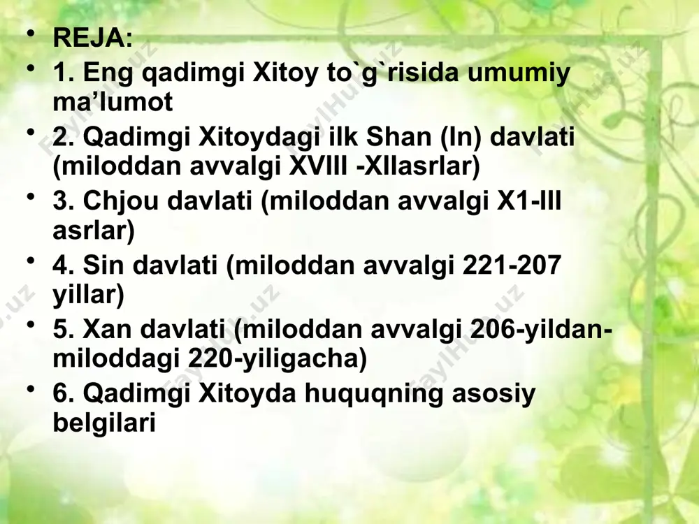 si havzasida tashkil topa boshlagan. xitoy an’analarida aytilishicha, qadimgi xitoyda davlat miloddan avvalgi xviii asrda sya qabilasining shan qabilasi tomonidan bosib olinishi natijasida tashkil topgan. shan davlati o`sha vaqtda shan qabilasi boshlig`i chen tan degan kishi davlatga asos solib, unga hukmdor qabilaning nomi bilan shan davlati deb atagan. unda quldorlik munosabatlari bilan bir qatorda jamoa ishlab chiqarishiga asoslangan ijtimoiy munosabatlar ham rivojlangan. bu yerda hukmron sinf in dunyoviy aristokratiyasidan, kohinlardan va bo`ysundirilgan qabilalarning aristokratlaridan tashkil topgan. qullarga xususiy shaxslar ham, davlat ham egalik qilishi mumkin bo`lgan aholining asosiy qismini erkin jamoachilar tashkil etgan. podsho birinchi va eng yirik quldor, oliy harbiy boshliq, eng oliy sudya va eng katta ruhoniy hisoblangan. mansabdor shaxslar uchta asosiy toifaga: oliy fuqarolik chinovniklari; harbiy chinovniklar; turli xil maslahatchilar, avliyolarga bo`lingan. shuningdek davlatning muhim ajralmas qismi hisoblangan armiya va turmalar ham mavjud bo`lgan. miloddan avvalgi xii asrda shan (in) davlati ichki ziddiyatlar kuchayishi natijasida tushkunlikka uchragan. …