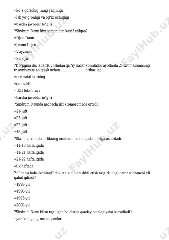 arohat, homilaning to‘liq rivojlanmaganligi turli xil kasalliklar =homilaning to‘liq rivojlanmaganligi =kasallik =barchasi to‘g‘ri javob ?“butun jahon daun sindromi kuni”ni aniqlang. =21-mart =21-may =1-iyun =17-mart ?tibbiy -pedagogik realibitatsiya bu ……… =tibbiyot xodimlari tomonidan kamchiliklarni tiklash =defektologlar, pedagoglar tomonidan kamchikiklarni tiklash =psixologik rivojlarishdagi nuqsonlarni oldini olish =ijtimoiy moslashuv ?qaysi uslubiyat bilan aqli zaif bolalarning ko‘rgazma, harakat, tafakkurini tekshirish mumkin. =segen doskasi =syujetli rasmlar =syujetli o’yinlar =klinets ?aqli zaif bolalarda nutq kamchiliklari kelib chiqish sabablarini ko‘rsating. =artikulyasion apparat funksiyasining buzilishi =ko‘ruv analizatori funksiyasining buzilishi =bosh miya funksiyasining sust rivojlanishi natijasida barcha yoki alohida analizatorlarga salbiy ta’siri =eshitish analizatori funksiyasining buzilishi ?miya suyuqligi bu ……. =likvor =leykosit =oq modda =eritrosit ?reabilitatsiya nima. =sog‘lomlashtirish =moslashish =muvozanat =yetishmovchilik ?harakat tayanch a’zolari nechiga bo‘linadi =2ga =3ga =4ga =5ga ?bolalar miya falaji bu ……………. =markaziy nerv sistemasining organik jarohatlanishi =nerv xujayralarining yetarli darajada rivojlanmasligi =meningit va meningoensefalit =muskul va mushaklarning yaxshi qisqarmasligi ?daun sindromi turlarini aniqlang. =trisomiya, mozaik, …