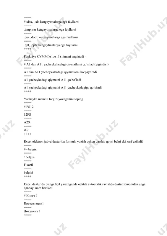 chma-ich kirgan strukturali, tashqi strukturali; ++++ ms access tarkibiga kirgan ob’ektlar. ==== # tablitsalar,formalar, so’rovlar(zaproso’), xisobot(otchet)lar, saxifalar, makroslar, modullar; ==== tablitsalar, formalar, formulalar, xisobotlar; ==== funktsiyalar, gipermatn, diagrammalar, kitoblar; ==== prezentatsiyalar(taqdimot ), formalar, xisobotlar, varaqlar; ++++ ms accesstarkibida «tablitsa»(jadval) obekti – ==== # mbning ma’lumotlar saqlaydigan asosiy ob’ektidir; ==== mbning ma’lumotlar saqlamaydigan ob’ektidir; ==== mbning ma’lumotlar shaklidir; ==== mbning ma’lumotlar xisobotini tayyorlovchi ob’ektidir; ++++ jadvalning maydon xossalarining o’zgartirish uchun …. ==== # jadval obektidan kerakli jadval nomi tanlanadi va konstuktor tugmasi bosiladi ==== jadval obektidan kerakli jadval nomi tanlannadi ==== menyudan konstuktor buyrug’i tanlanadi ==== jadval obektidan konstuktor buyrug’i bosiladi ++++ ms access da «zapros» (surov) obektining вазифаси- ==== #mb dagi ma’lumotlarni tartiblash, biror kerakli ma’lumotni qidirib topish ; ==== mb tarkibidagi ma’lumotlardan keraklisini printerga chiqaruvchi obekt; ==== mbning ma’lumotlar saqlaydigan asosiy ob’ekti; ==== mbning ma’lumotlar saqlamaydigan асосий ob’ekti; ++++ ms access da «forma» obektining vazifasi- ==== # forma – …