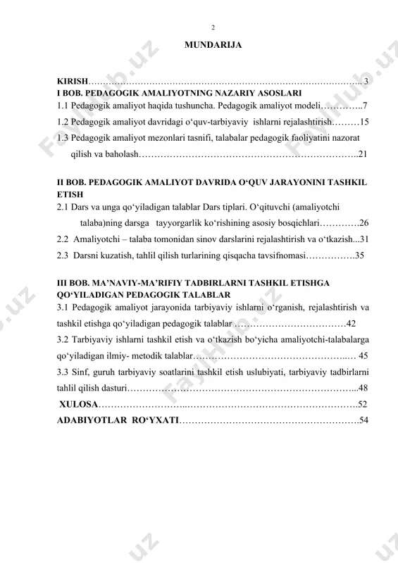 talabalarini muallimlik ishiga nazariy va amaliy tayyorlashning zaruriy bo‘g‘ini va tugallovchi bosqichi hisoblangan malakaviy amaliyotga bo‘lgan e’tiborni yanada kuchaytirishdir. chunki, malakaviy amaliyot jarayonida talabalar o‘qituvchilik kasbining o‘ziga xos tomonlarini, bu kasbga bo‘lgan o‘zidagi mehr-muhabbat, layoqat, ishtiyoq, qobiliyat, mahorat qay darajada ekanligini tushunib yetadilar. universitet talabalarining malakaviy pedagogik amaliyoti oliy o‘quv yurtida olib boriladigan ta’lim-tarbiya jarayonining izchil davomi sanalib, bakalavriat yo‘nalishlari bo‘yicha olingan nazariy bilimlarni mustahkamlash va mazkur bilim, ko‘nikma va malakalarni bevosita ta’lim-tarbiya jarayoniga qo‘llash imkonini beradi. malakaviy amaliyot ta’lim muassasasida o‘qituvchilarning tashkiliy, konstruktivlash, rejalashtirish, kommunikativ, tadqiq qilish kabi pedagogik mahoratini shakllashtirishgagina emas, balki o‘qituvchining kasbiy xususiyati va o‘qituvchi shaxsi qo‘ygan talabidan kelib chiqqan holda individual va insoniy fazilatlarni o‘zida mujassamlashtirishga qaratilgandir. bitiruv malakaviy ishning dolzarbligi: oliy ta’lim muassasasida o‘tkaziladigan malakaviy pedagogik amaliyotga oid nizomda universitet faoliyatining asosiy tamoyili bo‘lgan o‘qishni amaliyot bilan qo‘shib olib borilishiga urg‘u berilgan. bu esa ta’lim muassasalarida ta’lim-tarbiyaviy ishlarga yangicha yondashish asosida pedagogik jarayonni tashkil …