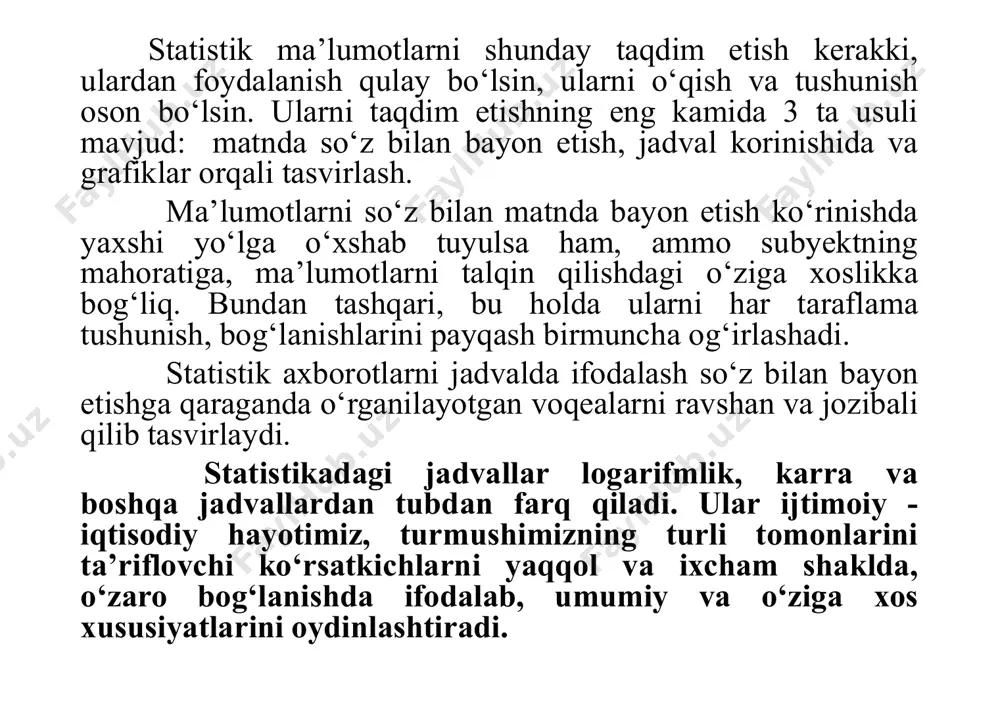 m malar poligon- lar va gistog- ramma- lar shartnoma (rеja) bajarilishini tеkshirish diagramma- lari spiral shaklli diagram -malar sеktorli diagram malar to’rt burchak yoki kvadratli diagram malar doirali diagram- malar tasvirli diagrammalar 4.1-jadval iqtisodiy faoliyat turlari kesimida o`zbekiston respublikasining yalpi ichki mahsuloti hajmi ((joriy narxlarda, mlrd.so`m)) 2000y. 2010y. 2018y. 2019y. 2020y.2 1 2 3 4 5 6 i. yaim, jami 3 255,6 78 936,6 424 728,7 529 391,4 602 551,4 shu jumladan: tarmoqlarning yalpi qo`shilgan qiymati 2 848,0 69 473,0 379 152,9 484 128,7 558 179,2 mahsulotlarga sof soliqlar 407,6 9 463,6 45 575,8 45 262,7 44 372,2 ii. tarmoqlarning yalpi qo`shilgan qiymati 2 848,0 69 473,0 379 152,9 484 128,7 558 179,2 qishloq, o`rmon va baliqchilik xo`jaligi 978,5 21 251,3 113 660,7 130 306,9 151 250,9 sanoat (qurilishni qo`shgan holda) 658,6 16 757,9 117 905,0 166 698,6 190 216,5 sanoat 462,4 12 997,3 95 803,8 136 103,1 152 728,0 …