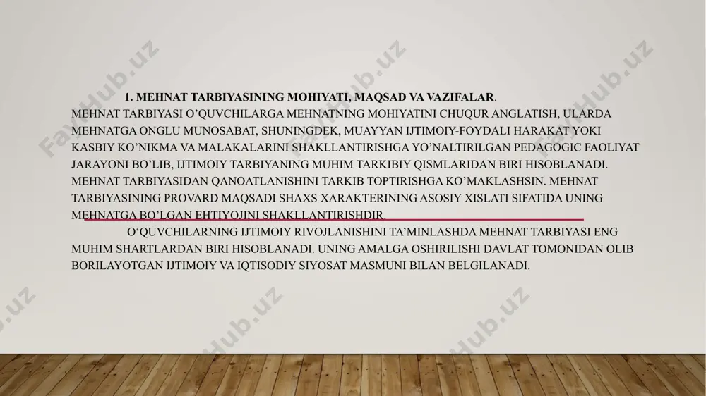 mahmud qoshg ‘ariy “devoni lug‘otit turk” yusuf xos hojib “qutadg‘u bilig” alisher navoiy “hayrat ul-abror” yusuf xos hojib o‘z asarida shahar va qishloq xalqini ijtimoiy tabaqalarga ajratib, dehqonlar, hunarmandlar, chorvadorlar, olimlar, tabiblar va boshqalar haqida so‘zlab, ularning jamiyat hayotidagi o‘rniga alohida to‘xtalib o‘tadi. turli kasblar, ayniqsa, dehqonchilik, hunarmandchilik va chorvadorlarlarni jamiyatning moddiy boyliklarini yaratuvchi sifatida ta’riflaydi. maqollar ham insonlarni mehnatsevarlikka chorlaydi. daryo suvini bahor toshirar, inson qadrini mehnat oshirar. oltin o‘tda bilinar, odam mehnatda. mehnatda do‘st ortar, g‘iybatdan dushman. 3. mehnat tarbiyasining mazmuni, shakl va metodlari mehnat tarbiyasini tashkil etish jarayonida o ‘quvchilar dastlab ishlab chiqarish jarayonlarining ilmiy asoslari bilan tanishadilar. mehnat tarbiyasi maqsadga muvofiq, tizimli, izchil tashkil etiladi. mehnat ta’limi sinf xonalari, o‘quv-tajriba maydoni, mashina-traktor saroyi, o‘quv-tarbiyaviy tadbirlar jarayoni, ishlab chiqarish korxonalari va xo‘jaliklarning dalalarida olib boriladi. mehnat tarbiyasi va mehnat ta’limi tushunchasi o‘zaro bog‘langan. mehnat faoliyati ma’lum bilimga ega bo ‘lishni talab etadi. zero, bilim va ko‘nikmalar o’quvchini …