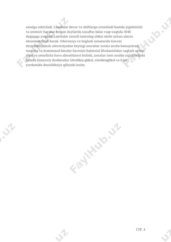 nlashtirish kerak. oðeratsiya va bog�lash xonalarida havoni dezinfeksiyalash oðeratsiyadan keyingi asoratlar sonini ancha kamaytiradi, turarjoy va kommunal binolar havosini bakterial ifloslanishdan saqlash uchun to�g�ri va yetarlicha havo almashinuvi bo�lishi, xonalar nam usulda yig�ishtirilishi hamda kimyoviy ðreðaratlar (ðroðilen-glikol, trietilenglikol va b.lar) yordamida dezinfeksiya qilinishi lozim. стр. 1