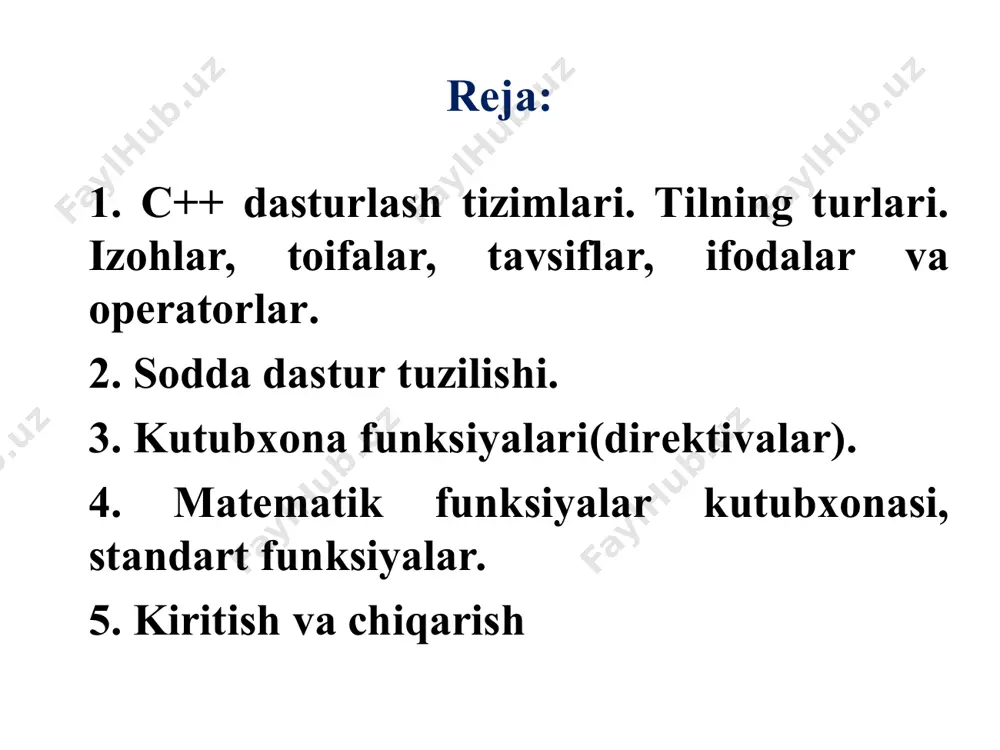 haracter (1 байтгача) acm.tuit.uz/forum * char – битта символ; long char – узун символ; int – бутун сон; short ёки short int – қисқа бутун сон; long ёки long int – узун бутун сон; float ҳақиқий сон; long float ёки double – иккиланган ҳақиқий сон; long double – узун иккиланган ҳақиқий сон. ўзгарувчи типлари * бутун сонлар таърифланганда кўрилган типлар олдига unsigned (ишорасиз) таърифи қўшилиши мумкин. бу таъриф қўшилган бутун сонлар устида амаллар mod 2n арифметикасига асослангандир. бу ерда n сони int типи хотирада эгалловчи разрядлар сонидир. агар ишораcиз k сони узунлиги int сони разрядлар сонидан узун бўлса, бу сон қиймати k mod 2n га тенг бўлади. ишорасиз k сон учун га –k амали 2n–k формула асосида ҳисобланади. ишорали, яъни signed типидаги сонларнинг энг катта разряди сон ишорасини кўрсатиш учун ишлатилса unsigned (ишорасиз) типдаги сонларда бу разряд сонни тасвирлаш учун ишлатилади. * константа(ўзгармас)лар константа - ўзгартириш мумкин бўлмаган қиймат. c …