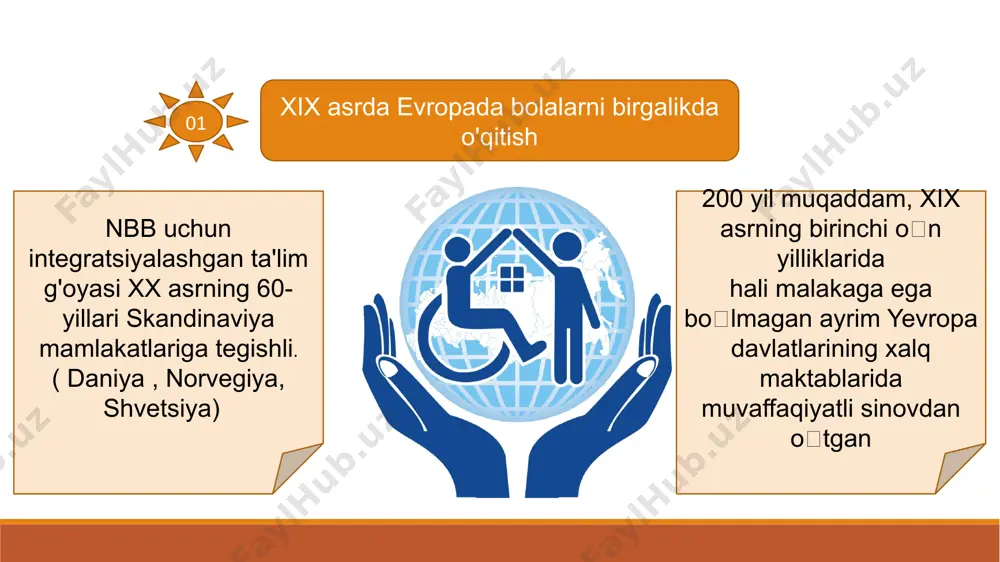 shimcha yordam olish muntazam va qo'shimcha dasturlarni birlashtirish imkoni (maktabda yoki maktabdan tashqarida) nbb maxsus sinfda o'qitish + umumiy ta'lim dasturining ayrim fanlarini tengdoshlari bilan birgalikda o'rganish. ta'lim maxsus sinfda va maxsus dastur bo'yicha + bola maktab miqyosidagi va bo'sh vaqt tadbirlarida ishtirok etadi !!! 1994- yilda yunesko tashabbusi bilan alohida ehtiyojli shaxslar ta'limi bo'yicha butunjahon konferensiyasi bo'lib o'tdi, unda inklyuziv ta'lim tamoyili e'lon qilindi. italiya 1971 sinov uchun hudud sinf rahbarini qo'llab-quvvatlash jamoasi mas'uliyatni ajratish jamiyat ma'rifati xarizmatik liderlarga ega 1977 sinfdagi bolalarning maksimal soni 20 nafar; sinfdagi rivojlanishida nuqsoni bo'lgan bolalarning maksimal soni - 2 ta; sinfda alohida ehtiyojli bolalarni qo'llab-quvvatlash uchun maxsus tadbirlar qo`shiladi; maxsus dasturlarga jalb qilingan sinflar kamaytiriladi; maxsus o'qituvchilar oddiy maktab o'qituvchilari bilan jamoalarga birlashtiriladi; ikkala toifadagi o'qituvchilar sinfdagi barcha o'quvchilar bilan muloqot qiladilar. maktabga qatnaydigan nogiron o'quvchilarni uchta asosiy guruhga bo'lish mumkin: 1 o'qish oxirida muntazam diplom oladigan, lekin o'quv dasturini sinfdoshlari bilan …