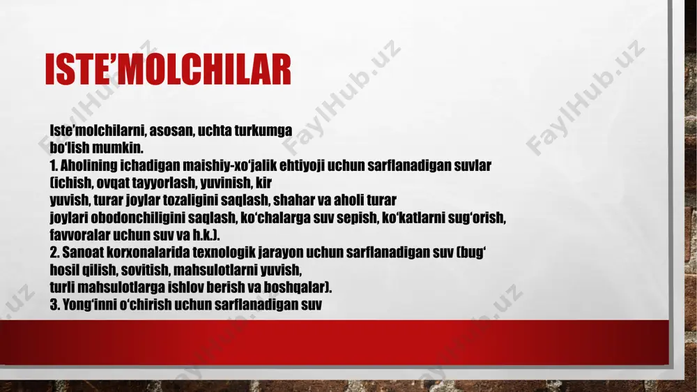 zalashning keragi boʻlmasa, suv tozalash inshootlarini qurishga ehtiyoj qolmaydi. agar suv havzasi suv bilan taʼminlanadigan obʼyektdan baland joylashgan boʻlsa, nasos st-yalari qurilmaydi. adabiyotlar róyxati 1.” suv va suvdan foydalanish toʻgʻrisida “ 2009 yil 2. abdullayev i va boshqalar.suvni vaqt boʻyicha taqsimlash qoʻllanmasi . toshkent 2004. 3. asraev .r .a , safarov r.t . 2018 4 . ikromov n.m mamajonov.m 2020 .oʻqituvchi. 5 . artukmetov.z.a. suvdan foydalanish rejasini tuzish. toshkent . 2004 -17 b hozirgi paytda suv havzalari ifloslanishining oldini olishga juda katta ahamiyat berilmoqda. maishiy xo‘jalik va sanoat korxonalaridan chiqadigan oqova suvlar muayyan inshootlarda tozalanib, ular yana suv havzalariga oqiziladi. oqova suvlar suv havzalarini ma’lum darajada ifloslantiradi. keyingi yillarda hukumatimiz tomonidan suv havzalarining sanitariya holatini yaxshilashga qaratilgan qator amaliy chora-tadbirlar ko‘rilmoqda. xulosa e’tiboringiz uchun raxmat image3.jpg image4.jpeg image5.jpeg image6.jpeg image7.jpeg image8.jpeg image9.jpeg