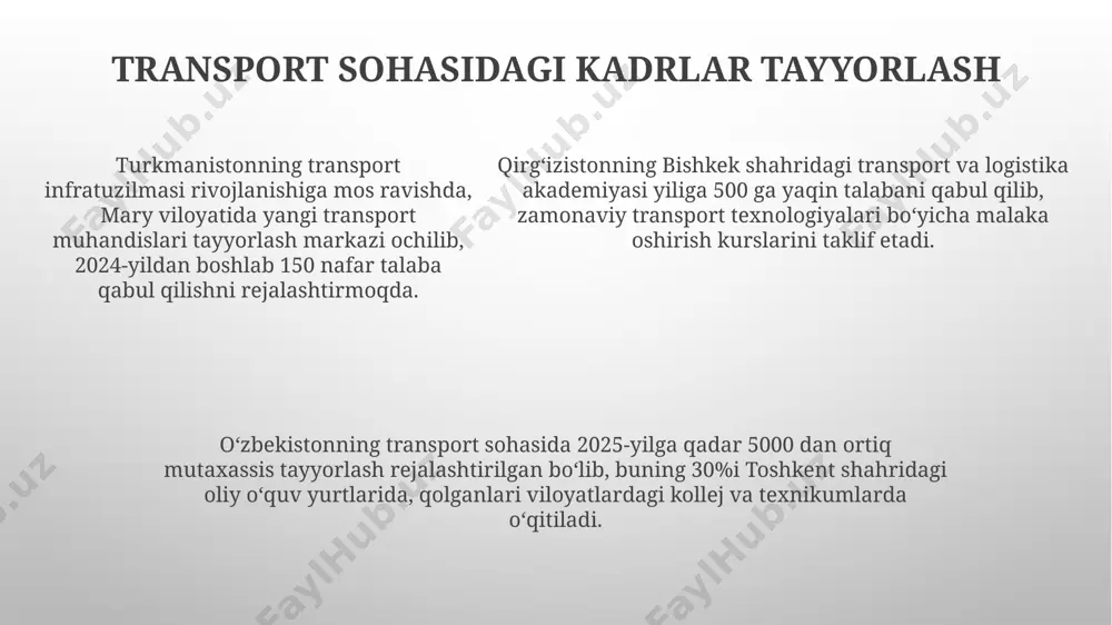 i terminali qurilishi tufayli yoʻlovchi oqimini samaradorligini 30% ga oshirish va yillik yoʻlovchilar sonini 20 million kishiga yetkazish kutilmoqda. qozogʻistonda 2024 yilga qadar temir yoʻl tarmogʻining 1500 km dan ortiq qismini modernizatsiya qilish rejalashtirilgan boʻlib, unda yangi avtomatlashtirilgan signalizatsiya va boshqaruv tizimlari qoʻllaniladi. markaziy osiyoda 2023 yilda 5g tarmoqlari joriy etilishi yuqori tezlikdagi internet orqali transport boshqaruvi tizimlarini rivojlantirishga va avtonom transport vositalarining sinov loyihalarini amalga oshirishga imkon beradi. shahar transporti va uning rivojlanishi toshkent shaharida 2023 yilda metro liniyalarining uzunligi 40 kilometrdan oshdi, bu yo'lovchilar tashish hajmining 15% ga oshishiga olib keldi. qo'qon shahrida velosiped yo'laklarining uzunligi 5 kilometrga yetdi, bu shahar aholisining velosipeddan foydalanishini 2 marta oshirdi va transport tiqilinchilarini kamaytirishga yordam berdi. samarqand shahri avtobus parkini yangilash dasturi doirasida 200 dan ortiq yangi, ekologik toza avtobuslar sotib olindi, bu havo ifloslanishini 10% ga kamaytirdi. logistik va yuk tashish tizimlari qozog'istonning temir yo'l tarmog'i mintaqadagi eng yirik hisoblanadi …
