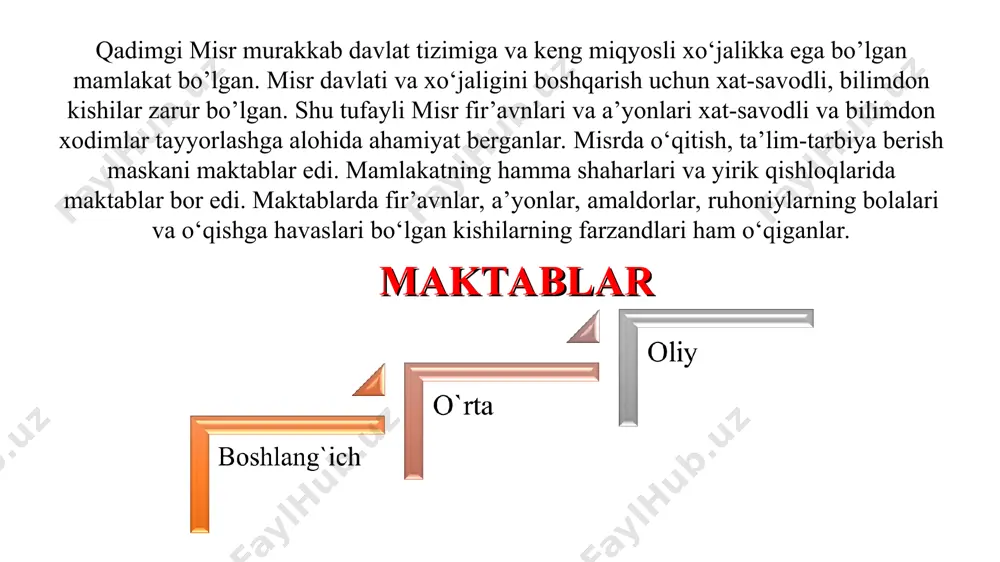 o‘lsalar kerak. maktablarning quyi sinflarida til, adabiyot, grammatika, yuqori sinflarda esa matematika, musiqa, huquq, geometriya, astronomiya, tarix, tabobat, veterinariya kabi aniq fanlar bilan bir qatorda diniy fanlar ham o‘qitilgan. maktablar saroy va ibodatxonalar qoshida bo'lib, uni ruhoniylar boshqarganlar. mari va boshqa shaharlardagi qazishlar vaqtida o'quvchilarga mos o'rindiqlar qo'yilgan maktab binosining qoldig'i topilgan. maktablar davlat uchun xo'jalik, savdo va harbiy ishlami boshqaruvchi xodimlar tayyorlaganlar. maktablarda misrdagi kabi mirzolar tayyorlashga katta ahamiyat berilgan. maktablarda intizom va nazorat juda qattiq bo'lgan. yetarli qobiliyatii va tirishqoq bo'lmagan o'quvchilar jazolangan. maktab qoshida «xivich bilan savalovchi» maxsus nazoratchi bo'lgan. o'qituvchilar o'quvchilami qunt bilan o'qishga undaganlar. yunonistonda madaniyat, tarbiya, maktab va dastlabki pedagogik fikrlar boshqa qadimiy sharq mamlakatlariga nisbatan juda erta rivojlangan. yunonistonda qullarni “gapiradigan ish quroli” deb hisoblar edilar. qullar oddiy insoniy huquqlardan ham mahrum edilar. lakoniya (sparta)da kemalar to‘xtaydigan qulay gavanlar bo‘lmaganligi tufayli qullar mehnatiga asoslangan dehqonchilik hukmron edi. 9 ming oiladan iborat bo‘lgan quldorlar …