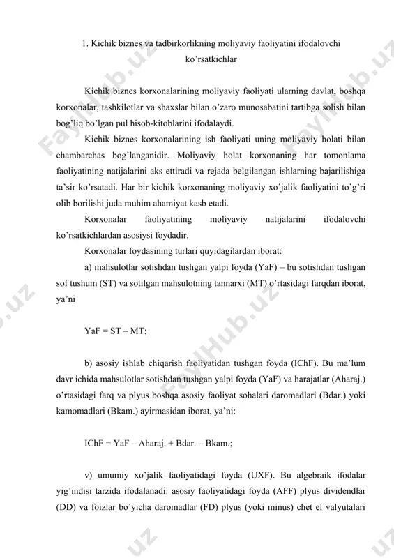 rajatlardan (fx) iborat, ya’ni: uxf = aff + dd + fd ( chev ( kkkb – fx; g) soliq to’lovlarigacha bo’lgan foyda (sf). bu ko’rsatkich ham algebraik ifodalar yig’indisi tarzida ifodalanib, umumiy xo’jalik faoliyatidagi foyda (uxf) va tasodifiy (ko’zda tutilmagan) foyda yoki kamomadlar (tfk) saldosidan iborat, ya’ni: sf = uxf ( tfk; d) yillik sof foyda (ysf). bu barcha soliqlarni to’lab bo’lgandan so’ng korxona hisobiga qoladigan daromad, ya’ni soliq to’lovlarigacha bo’lgan foydadan (sf), daromad yoki foyda solig’ini (fs) hamda boshqa soliqlar yoki to’lovlarni (bs) olib tashlangandan keyin qolgan qismidir, ya’ni: ysf = sf – fs – bs; korxonalarning xo’jalik faoliyatini yuritishi davomida kelib chiqadigan harajatlar o’z xususiyatlariga ko’ra quyidagicha tasniflanadi: 1. mahsulotlarning ishlab chiqarish tannarxi: a) to’g’ri va egri moddiy harajatlar; b) to’g’ri va egri mehnat harajatlari; v) boshqa to’g’ri va egri harajatlar. 2. ma’lum davrdagi harajatlar: a) sotish bilan bog’liq harajatlar; b) boshqarish bilan bog’liq harajatlar (ma’muriy harajatlar); v) …