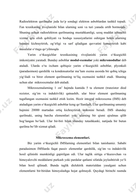 i rasmda purkash yo‘li bilan hosil qilingan to‘g‘ri to‘rt burchak shaklida yasalgan induktivlik g‘altagi ko‘rsatilgan. 1-расм. yarim o‘tkazgichli imslarning elementlarini yasash murakkab texnologik jarayon bo‘lib, ularning turlari xilma–xildir. barcha jarayonlarning negizini tranzistorlar tarkibi tashkil qiladi, ya‘ni barcha passiv va aktiv elementlar tranzistor asosida hosil qilinadi. asos tranzistor vazifasini bipolchr yoki unipolyar tranzistorlar bajaradi. bipolyar tranzistorlarni yasashda uning ikki formulasi р-n-p va n-p-n dan foydalaniladi. ulardan n-p-n turi eng ko‘p tarqalgan. mikrosxemalarni belgilash imslarning turlarini aniqlash tasdiqlangan shartli belgilar asosida olib boriladi. u mikrosxemaning qanday shakl va texnologik asosda ishlab chiqarilganligini, qanday maqsad uchun ishlatish mumkinligini hisobga oladi. yasalish shakli va texnologiyasiga qarab imslar 3 ta guruhga bo‘linadi va raqamlar orqali ifodalanadi. a) 1,5,6,7-yarim o‘tkazgichli mikrosxema; b) 2,4,8- duragay mikrosxema; d) 3-pardasimon vakuumli, keramikali (sopol)mikrosxema. mikrosxema belgisida uning seriyasi raqamlari bilan ifodalanadigan ikki elementdan tashkil topdi. unda birinchi raqam mikrosxemani yasashdan shakl va texnologiyasini ifodalasa, ikkinchisi, ikki xonali (eskicha) yoki uch …