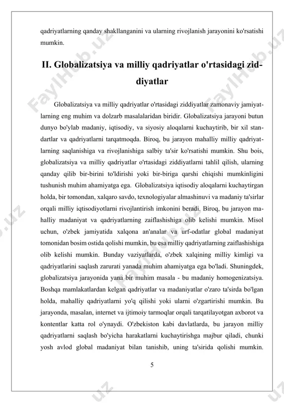 iya jarayoni davomida muhim vazifa bo'lib qoladi. iii. o'zbekiston milliy qadriyatlari va ularning ahamiyati o'zbekiston milliy qadriyatlari, millatning o'ziga xosligini, madaniyatini va an'analarini ifodalovchi muhim elementlar hisoblanadi. ushbu qadriyatlar xalqning tarixiy tajribasi, urf-odatlari, til va dinidan kelib chiqadi. o'zbekistonning milliy qadriyatlari ko'plab aspektlarni o'z ichiga oladi va ularning ahamiyati, nafaqat zamonaviy hayotda, balki xalqning tarixida ham chuqur o'rin tutadi. o'zbekiston milliy qadriyatlarining asosiy komponentlari ichida til, diniy e'tiqod, urf-odatlar va an'analar, milliy bayramlar va folklor mavjud. o'zbek tilining o'ziga xosligi va uning boyligi, millatning ruhiyati va ma'naviyatini ifodalaydi. diniy e'tiqodlar esa, asrlar davomida xalqni birlashtiruvchi kuch bo'lib xizmat qilgan. islom dinining o'zbekiston madaniyatida tutgan o'rni, nafaqat diniy, balki ma'naviy hayotga ham ta'sir ko'rsatadi. urf-odatlar va an'analar o'zbekistonda o'ziga xos ijtimoiy hayot shakllarini belgilaydi. misol uchun, to'y marosimlari, mehmondo'stlik, oilaviy qadriyatlar kabi an'analar o'zbeklarning kundalik hayotida muhim o'rin tutadi. bu qadriyatlar xalqning birligini ta'minlaydi, ijtimoiy aloqalarni kuchaytiradi va avloddan avlodga o'tadi. …