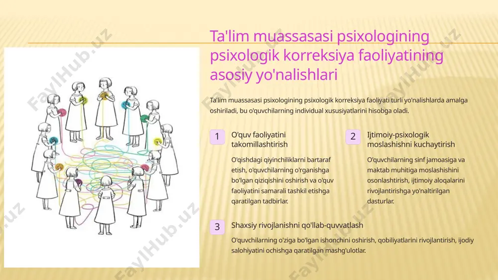 aratish. - bu usul qo'llar orqali hissiyotlarni ifodalash va psixologik taranglikni yo'qotishga yordam beradi. 3. kollaj yaratish (collage making) - turli xil rasmlar, matnlar va materiallarni birlashtirib, yangi kompozitsiya yaratish. - bu usul fikrlashni rag'batlantiradi va yashirin hissiyotlarni ochib beradi. fototerapiya (photo therapy) - fotografiyalar yordamida hissiyotlarni ifodalash va ularni tahlil qilish. - bu usul xotiralarni qayta ko'rib chiqish va ularni yangi nuqtai nazardan ko'rishga yordam beradi. 5. drama va teatr san'ati (drama va theater arts) - rollarni o'ynash, improvizatsiya yoki teatr spektakllari orqali hissiyotlarni ifodalash. - bu usul ijtimoiy ko'nikmalarni rivojlantirish va o'zini anglashga yordam beradi. 6. musiqa terapiyasi (music therapy) - musiqa yaratish yoki tinglash orqali hissiyotlarni ifodalash. - bu usul ruhiy holatni yaxshilash va stressni kamaytirishga yordam beradi. 7. raqs va harakat terapiyasi (dance va movement therapy) - harakatlar va raqs orqali hissiyotlarni ifodalash. - bu usul jismoniy va ruhiy taranglikni yo'qotishga yordam beradi. 8. yozuv terapiyasi …