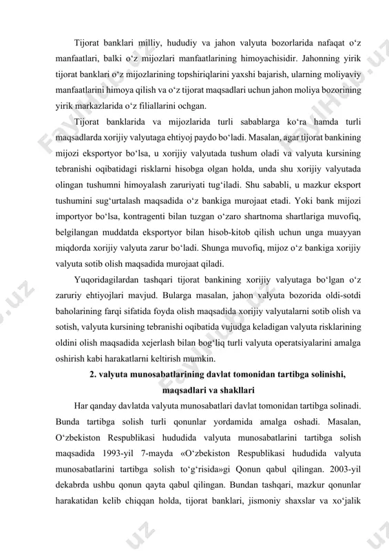 vchi o‘zbekiston respublikasi markaziy bankining qator me’yoriy hujjatlari va yo‘riqnomalari mavjud. zamonaviy sharoitda valyuta jarayonlarini tartibga solish valyuta cheklovlari va soliqlarni hisobga olmagan holda valyuta kurslarini tartibga solish bilan bog‘liq. bunday tartibga solishning amaliy instrumentlari davlatda unchalik ko‘p emas, ular rasmiy intervensiya deb atalmish valyuta bozori mexanizmiga to‘g‘ridan to‘g‘ri aralashuv va pul-kredit munosabatlarini tartibga solishning an’anaviy uslublaridan iborat. valyuta jarayonining muvozanatsizligi, valyuta kurslarining nazoratsiz ko‘tarilishi va pasayishi iqtisodiyotga tobora kuchayib boruvchi salbiy ta’sir ko‘rsatadi. jumladan: · birlamchi ehtiyoj mollari bahosining oshishiga va mehnat-kashlar iqtisodiy ahvolining yomonlashuviga olib keluvchi import qilinayotgan inflyatsiya; · milliy valyuta kursining nisbatan o‘sganligi oqibatida mam-lakat tashqi raqobatdoshligining pasayishi; · valyuta zararlari oqibatida banklar va kompaniyalar moliyaviyholatining muvozanatsizligi; · rasmiy iqtisodiy siyosat samaradorligining pasayishi va shukabilar. valyuta muvozanatsizligini davlat tomonidan cheklash bilan bog‘liq harakatlari amaliyotda qator qiyinchiliklarga duch keladi: barcha iqtisodiy jarayonlar o‘zaro chambarchas bog‘liq va hamma vaqt u bilan bog‘liq qo‘shimcha salbiy oqibatlar bo‘lish ehtimoli mavjud …