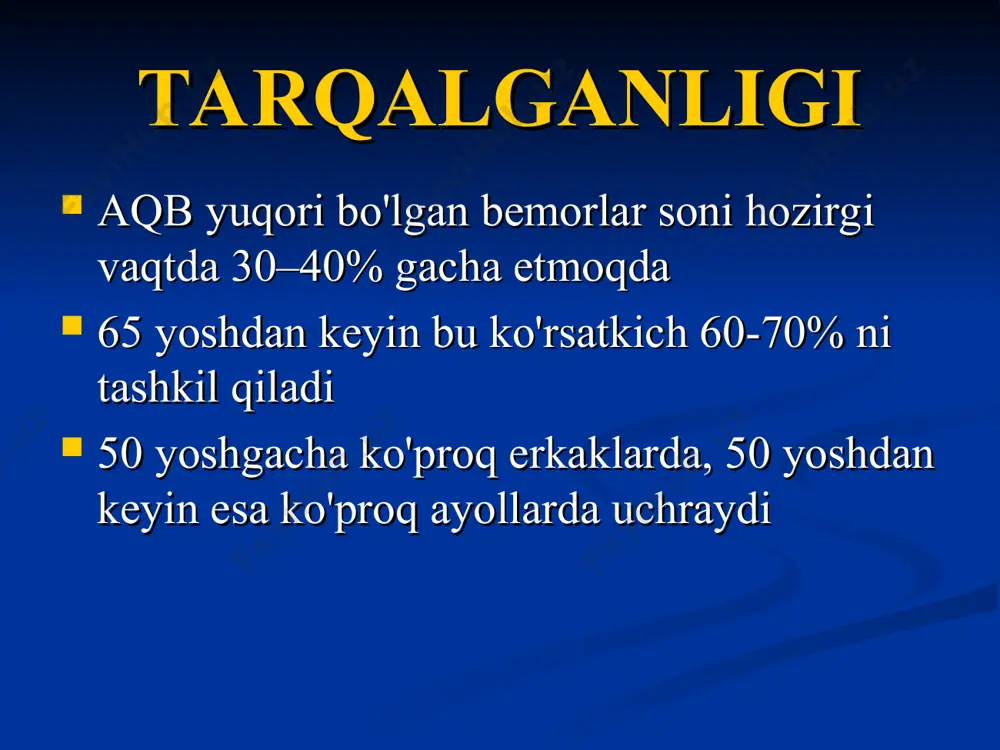 riya va vena kesishishi simptomi (salyus ii); 5-sariq dog' sohasida bukilgan venlar (gvist simptomi) gipertonik retinopatiya: to'rpardadagi «laхtasimon» ekssudatlar, arteriyalar torayishi (j.d. swales) gipertonik retinopatiya: venalar trombozlari to'rparda gemorragiyalar (j.d. swales) gipertonik retinopatiya: ko'ruv nervi diskining shishi (j.d. swales) asoratlari gipertoniya krizlari miya qon aylanishining buzilishlari miokard infarkti nefroskleroz (birlamchi buyrak bujmayishi) yurak etishmovchiligi aorta anevrizmi davolashning asosiy tamoyillari aqbni optimal darajada ushlash nishon a’zolarini himoyalash risk omillarini bartaraf qilish dorilarsiz davolash - ortiqcha vaznni kamaytirish. - giperlipidemiya korrektsiyasi. - osh tuzini meyorlash. - alkogol istemol qilmaslik. - chekmaslik. - jismoniy faollikni oshirish. antigipertenziv dori vositalari β-adrenoblokatorlar noselektiv propranalol nadolol selektiv atenolol bisoprolol metoprolol kaltsiy antagonistlari digidropiridinlar nifedipin amlodipin isradipin fenilalkilaminlar verapamil benzodiazepinlar diltiazem apf ingibitorlari aktiv shakllari kaptopril lizinopril dori o’tmishdoshlari enalapril ramipril angiotenzin ii retseptorlari blokatorlari bifeniltetrazollar lazortan irbesartan nonbifeniltetrazollar eprosartan nogeterotsiklik blakatorlar valsartan diuretiklar tiazidlar gidroxlortiazid qovuzloq diuretiklari furosemid kaliy saqlovchilar spironolakton α-adrenoblokatorlar prazozin doksazizin terazozin markaziy …