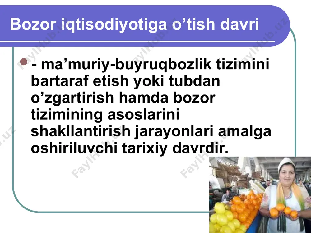 har bir yo’lning o’ziga xos xususiyatlari ham bor, bu esa bozor munosabatlarini shakllantirishning ijtimoiy-iqtisodiy, tarixiy, milliy sharoitlari har xil bo’lishidan kelib chiqadi. masalan, bozor munosabatlariga o’tishning rivojlangan mamlakatlar yo’lida oddiy tovar xo’jaligidan erkin raqobatga asoslangan klassik yoki erkin bozor iqtisodiyotiga va undan hozirgi zamon bozor iqtisodiyotiga o’tiladi. jahon tajribasi ko’rsatishicha, bozor iqtisodiyotiga revolyutsion yo’l bilan, ya’ni jadal usulda yoki evolyutsion yo’l bilan, ya’ni bosqichma-bosqich o’tish mumkin. birinchi xolda, tub islohotlarni o’tkazish, avvalgi tizimni va tarkib topgan iqtisodiy munosabatlarni birdagina va batamom sindirish talab etilio, «karaxt qilib davolash» usuli («shokovaya terapiya») deb ataladi. eski iqtisodiy munosabatlarni bosqichma-bosqich, yangi bozor munosabatlariga alishtira borib, samarali bozor iqtisodiyotini shakllantirib vujudga keltirish mumkin. islohotlar tajribasi shuni ko’rsatadiki, evolyutsion yo’l kamroq ijtimoiy larzalarga olib keladi, ancha izchil va muqarrardir. tartibga solinadigan bozor iqtisodiyotiga o’tish yo’llarigina emas, balki uning andozalari ham xilma-xildir. eng avvalo, ular shunday bozor iqtisodiyoti vujudga keltirilayotgan va amal qilib turgan mamlakatlarning oddiy xususiyatlari …