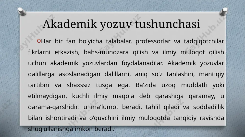 anadi. qog'ozning har bir xatboshi va jumlasi shu asosiy yo'nalishga qayta bog'lanadi. qog'ozda fon yoki kontekstli ma'lumot bo'lishi mumkin, ammo barcha tarkib tezisni qo'llab-quvvatlash maqsadiga xizmat qiladi. mantiqiy tuzilma. barcha akademik yozuv mantiqiy, sodda tuzilishga asoslanadi. oddiy shaklda ilmiy maqola tanqidiy, tanqidiy maqola va xulosani o'z ichiga oladi. kirish introduktsiya ma'lumotlari bilan ta'minlaydi, inshoning ko'lami va yo'nalishini belgilaydi va tezisni bildiradi. akademik yozuvning xususiyatlari tananing paragraflari tezkor bayonnomani qo'llab-quvvatlaydi, har bir organning paragrafi bitta qo'llab-quvvatlash nuqtasini ishlab chiqadi. xulosa tezisiga qaytib, asosiy fikrlarni umumlashtiradi va qog'ozning natijalarini keltirib chiqaradi. har bir jumla va paragraf mantiqiy ravishda ochiq-oydin dalillar taqdim etish uchun keyingi bilan bog'lanadi. dalillarga asoslangan dalillar. akademik yozuv yaxshi ma'lumotga asoslangan argumentlarni talab qiladi. ma'ruzalar ilmiy manbalardan (tadqiqot maqolasi kabi) yoki asosiy matndan olingan takliflar (adabiy tahlillar inshomlari kabi) bilan tasdiqlanishi kerak. dalillardan foydalanish dalillarga ishonchni beradi. imonsonal ohang . akademik yozuvning maqsadi, mantiqiy dalilni ob'ektiv nuqtai nazardan etkazishdir. …