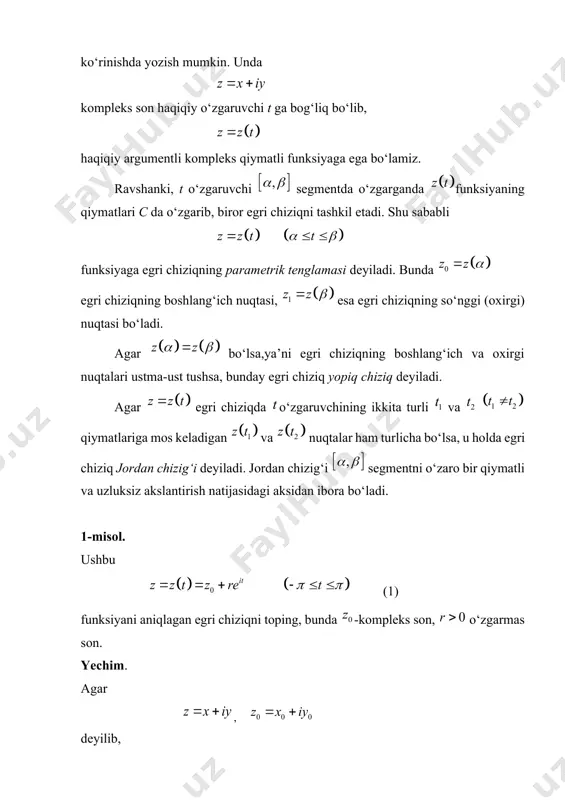 k, bo‘lsa, unda bo‘ladi. 5-ta’rif. agar shunday to‘plam bo‘lsaki, unga tegishli ixtiyoriy va nuqtalarni birlashtiruvchi chiziq shu to‘plamga tegishli bo‘lsa, bog‘lamli to‘plam deyiladi. masalan, ushbu to‘plamlar bog‘lamli to‘plamlar bo‘ladi. 6-ta’rif. agar to‘plam ham ochiq ham bog‘lamli to‘plam bo‘lsa, u soha deb ataladi. yuqorida keltirilgan , , to‘plamlar soha bo‘ladi, chunki ularning har biri birinchidan ochiq to‘plamlar, ikkinchidan bog‘lamli to‘plamlardir. ma’lumki, to‘plamning limit nuqtasi shu to‘plamga tegishli bo‘lishi ham mumkin, tegishli bo‘lmasligi ham mumkin. sohaning o‘ziga tegishli bo‘lmagan limit nuqtasi uning chegaraviy nuqtasi deyiladi. 7-ta’rif. sohaning barcha chegaraviy nuqtalaridan iborat to‘plam sohaning chegarasi deyladi va kabi belgilanadi. masalan, ushbu sohaning chegarasi ya’ni markazi nuqtada, radiusi ga teng bo‘lgan aylana bo‘ladi. aytaylik, soha berilgan bo‘lib, uning chegarasi bo‘lsin. agar bog‘lamli to‘plam bo‘lsa, bir bog‘lamli soha deyiladi. teorema (jordan teoremasi). ixtiyoriy yopiq jordan chizig‘i kompleks tekislikni ikkita bir bog‘lamli sohalarga ajratadi. bu teoremadan ixtiyoriy yopiq jordan chizig‘i bilan chegaralangan tekislik bo‘lagi bir bog‘lamli …