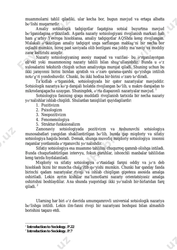 holatlarda esa bir-birlarini inkor qiladilar. tadqiqotimiz ilmiy, teran bo‘lishligi uchun sotsiologiya strukturasini bu elementlarini alohida tahlil qilib chiqishga harakat qilamiz. lekin, hozircha sotsiologiya quyidagi elementlardan iborat bo‘lgan o‘z struturasiga ega: 1. fundamental sotsiologiya 2. amaliy sotsiologiya 3. nazariy sotsiologiya 4. empirik sotsiologiya 5. sotsiologiyadagi maxsus va tarmoq yo‘nalishlari 2. fundamental sotsiologiya boshqa elementlardan hal qilayotgan muammolarning ko‘lami, ahamiyati va mazmuni bilan ajralib turadi. u shunday muammolarni tahlil qiladiki, ular kecha bor, bugun mavjud va ertaga albatta bo‘lishi muqarrardir. amaliy sotsiologik tadqiqotlar faqatgina sotsial buyurtma mavjud bo‘lganidagina o‘tkaziladi. agarda nazariy sotsiologiyani rivojlanish markazi hali ham g‘arbiy yevropa hisoblansa, amaliy tadqiqotlar aqshda keng rivojlangan. malakali o‘tkazilgan amaliy tadqiqot unga sarflangan mablag‘ni bir necha bor oqlashi mumkin, biroq past saviyada olib borilgani esa jiddiy ma’naviy va moddiy zarar keltirishi aniqdir. nazariy sotsiologiyaning asosiy maqsad va vazifasi- bu o‘rganilayotgan ob’ekt yoki muammoning nazariy tahlili bilan shug‘ullanishdir. bunda u o‘z xulosalarini tekshirib chiqish uchun amaliyotga …