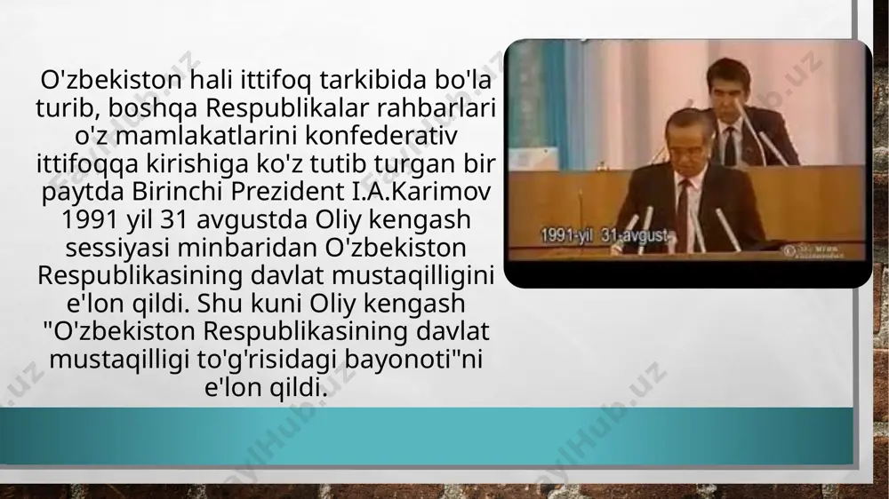 р.х. ва boshqalar. o`zbekiston tarixi. o`quv qo`llanma. . –т.:аkademiya 2010. 2. oblomurodov n., va boshqalar. o`zbekiston tarixi. o`quv qo`llanma. –t.: yangi asr avlodi, 2011. 3. o'zbekiston respublikasi prezidenti sh. mirziyoevning 2018 yil 5 iyundagi “oliy ta'lim muassasalarida ta'lim sifatini oshirish va ularning mamlakatda amalga oshirilayotgan keng qamrovli islohotlarda faol ishtirokini ta'minlash bo'yicha qo'shimcha chora-tadbirlari to'g'risida" pq-3775-sonli qarori. 4. mirziyoev sh.m. qonun ustuvorligi va inson manfaatlarini ta'minlash yurt taraqqiyoti va xalq farovonligining garovi. - toshkent: o'zbekiston, 2017. 5. mirziyoev sh.m. milliy taraqqiyot yo'limizni qat'iyat bilan davom ettirib, yangi bosqichga ko'taramiz. t. 1. - toshkent: o'zbekiston.. 2017. 6. mirziyoev sh.m. buyuk kelajagimizni mard va oliyjanob xalqimiz bilan birga quramiz. - toshkent: o'zbekiston. 2017. 7. oʻzbekiston respublikasi prezidenti shavkat mirziyoyevning oliy majlisga murojaatnomasi. 2020 yil. 26 yanvar e'tibоringiz uchun rahmat! 16 12 image3.jpg image4.png image5.png image6.png image7.png image8.png image9.png image10.png image11.png image12.png image13.png image14.png image15.png image16.png /docprops/thumbnail.jpeg