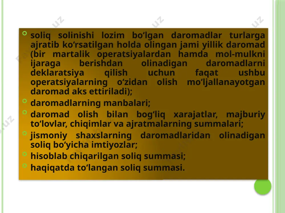 an ko‘p bo‘lmagan avtotransport vositasi uchun) har bir oyga - 330 000 so‘m; boshqa avtotransport vositalari uchun (mikroavtobuslar, avtobuslar, yuk avtomobillar) har bir oyga - 645 000 so‘m; 13 deklaratsiya bo‘yicha soliq to‘lash tartibi jismoniy shaxslar – o‘zbekiston respublikasining rezidentlari daromadlar to‘g‘risidagi deklaratsiyaning ma’lumotlari asosida hisoblab chiqarilgan, jismoniy shaxslardan olinadigan daromad solig‘ini o‘tgan soliq davridan keyingi yilning 1 iyunidan kechiktirmay to‘laydilar. mol-mulkni ijaraga berishdan daromadlar oladigan jismoniy shaxslar jismoniy shaxslardan olinadigan daromad solig‘ini taqdim etilgan dastlabki deklaratsiya asosida har oyda daromad olingan oydan keyingi oyning beshinchi kunigacha to‘laydilar. yil tugagach, jismoniy shaxslarning daromadlaridan olinadigan soliqning yillik summasi haqiqatda olingan daromad bo‘yicha hisoblab chiqariladi. va boshqa hollarda amalga oshirilishi mumkin. e`tiboringiz uchun rahmat!!! image2.png /docprops/thumbnail.jpeg