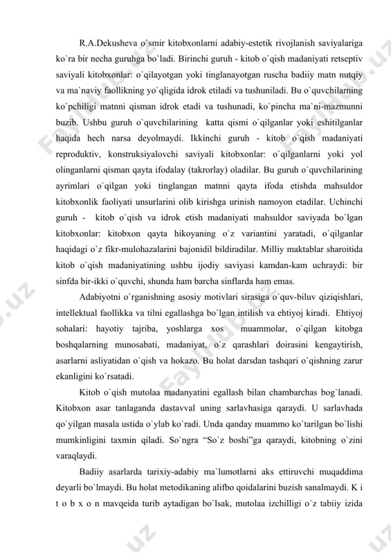 aqidagi o`z fikr-mulohazalarini bajonidil bildiradilar. milliy maktablar sharoitida kitob o`qish madaniyatining ushbu ijodiy saviyasi kamdan-kam uchraydi: bir sinfda bir-ikki o`quvchi, shunda ham barcha sinflarda ham emas. adabiyotni o`rganishning asosiy motivlari sirasiga o`quv-biluv qiziqishlari, intellektual faollikka va tilni egallashga bo`lgan intilish va ehtiyoj kiradi. ehtiyoj sohalari: hayotiy tajriba, yoshlarga xos muammolar, o`qilgan kitobga boshqalarning munosabati, madaniyat, o`z qarashlari doirasini kengaytirish, asarlarni asliyatidan o`qish va hokazo. bu holat darsdan tashqari o`qishning zarur ekanligini ko`rsatadi. kitob o`qish mutolaa madanyatini egallash bilan chambarchas bog`lanadi. kitobxon asar tanlaganda dastavval uning sarlavhasiga qaraydi. u sarlavhada qo`yilgan masala ustida o`ylab ko`radi. unda qanday muammo ko`tarilgan bo`lishi mumkinligini taxmin qiladi. so`ngra “so`z boshi”ga qaraydi, kitobning o`zini varaqlaydi. badiiy asarlarda tarixiy-adabiy ma`lumotlarni aks ettiruvchi muqaddima deyarli bo`lmaydi. bu holat metodikaning alifbo qoidalarini buzish sanalmaydi. k i t o b x o n mavqeida turib aytadigan bo`lsak, mutolaa izchilligi o`z tabiiy izida bo`ladi. u avval kitobni o`qib chiqadi, keyin esa, …