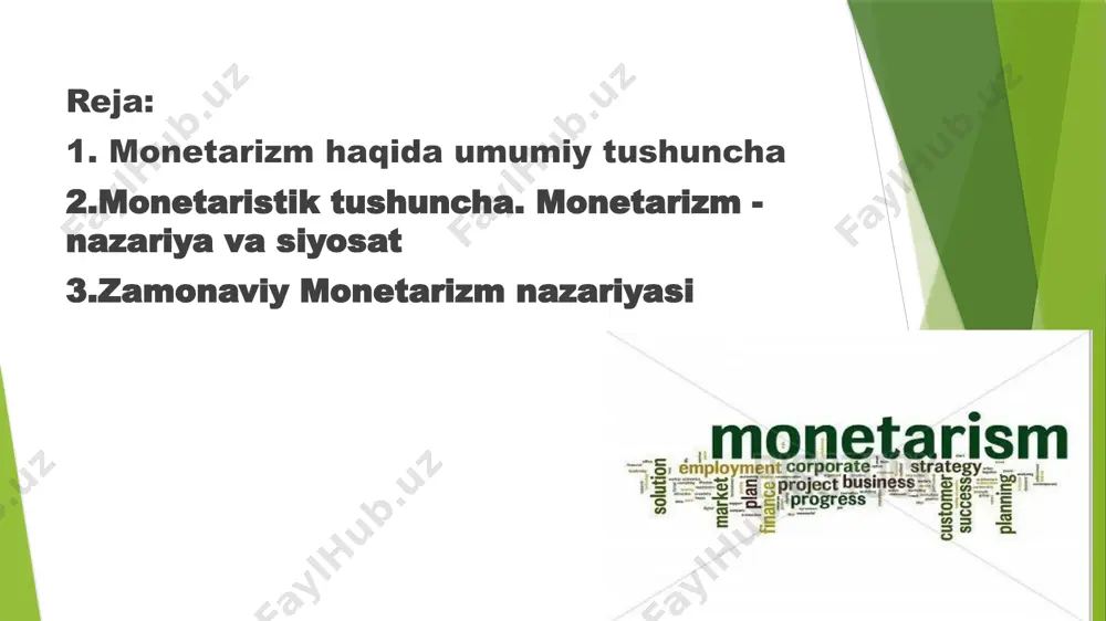 va jamiyat hayotining me'yoriy tamoyillarini ifodalashi kerak. m.fridmanning fikricha, iqtisodiy faoliyatning asosiy qadriyati erkinlikdir, bunda insonning tanlovi boshqa odamlar tomonidan cheklovlarga duch kelmaydi. monetaristik tushuncha. monetarizm - nazariya va siyosat bu zamonaviy iqtisodiy tushuncha neoliberalizmning bir turi hisoblanadi. unda pul bor va pul tizimi jamiyat iqtisodiy tuzilishining hal qiluvchi omili va inflyatsiyaning asosiy sababi, pul-kredit siyosati esa takror ishlab chiqarish, amalga oshirishning ichki mexanizmini barqarorlashtirishning eng muhim vositasi sifatida qaraladi. iqtisodiy siyosat davlat. monetarizm 1950-yillarning oʻrtalarida paydo boʻlgan. (ushbu kontseptsiya chikago universiteti iqtisod professori m. fridman tomonidan tahrirlangan "pulning miqdoriy nazariyasidagi tadqiqotlar" (1956) to'plamida talqin qilingan). xx asrda monetarizmning paydo bo'lishining zaruriy sharti. 30-yillarning oxirida amerikalik iqtisodchilar l.mizes va f.-a.ning keyns nazariyasining tanqidi edi. hayek, avstriya maktabi vakillari siyosiy iqtisod ikkinchi avlod yoki zamonaviy neoliberalizm. biroq, pul tushunchasi, uning postulatlaridan biri pulning miqdoriy nazariyasi (16-18-asrlarda paydo bo'lgan), 20-asrning 30-40-yillarida. rivojlanmadi, bu ushbu davrda iqtisodiyotni tartibga solishning keynscha usullarining samaradorligi va …
