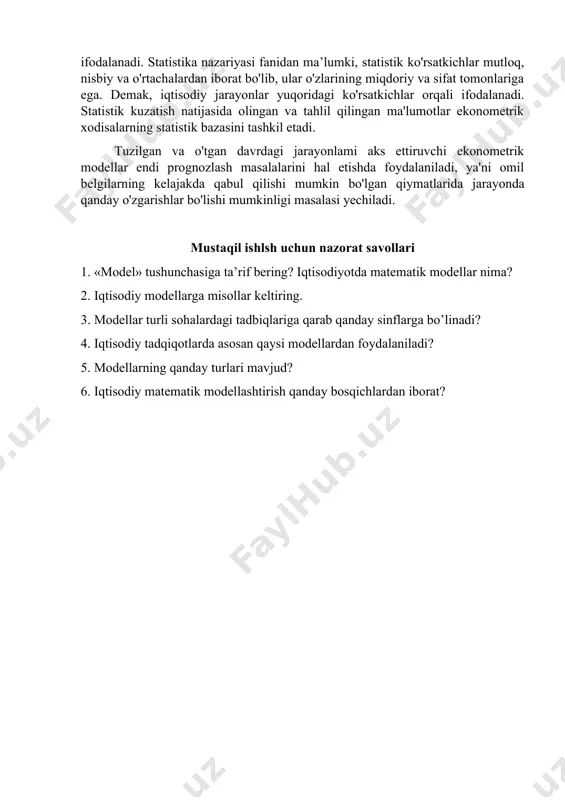 anishni; ob'ektning holati va rivojlanishini tushuntiruvchi (hech bo’maganda dastlabki) gipotezalarni shakllantirishni o'z ichiga oiadi. matematik modelni qurish. bu bosqich iqtisodiy muammoni formallashtirish, uni tayinli matematik bog'lanishlar va munosabatlar (funksiyalar. tenglamalar, tengsizliklar va h.k.) ko'rinishida ifodalash bosqichidir. odatda avval matematik modelning asosiy qurilmasi (turi) aniqlanadi, so'ngra bu qurilmaning tarkibiy qismlari (o'zgaruvchiiar va parametrlarning aniq ro'yxati, bog'lanishlar shakli) aniqlashtiriladi. modelni matematik tahlil qilish. bu bosqichning maqsadi modelning umumiy xossalarini aniqlashdan iborat. bu yerda tadqiqotning sof matematik usullari qo'llaniladi. modelning analitik tadqiqotida yechimning mavjudligi, yagonaligi, yechimga qaysi o'zgaruvchilar (noma'lumlar) kirishi mumkinligi, ular orasidagi munosabatlar, bu o'zgaruvchilar qaysi doirada va qanday dastlabki shartlarga bog’iq ravishda o'zgarishi, ularning o'zgarish yo'nalishlari va shu kabi masalalar oydinlashtiriladi. modelning analitik tadqiqoti empirik (sonli) tadqiqotiga nisbatlari shunisi bilan afzalki, bunda olinayotgan xulosalar modelni tashqi va ichki parametrlarining har xil tayinli qiymatlarida o’z kuchini saqlaydi. sonli yechish. bu bosqich masalani sonli yechish uchun algoritrnlarni ishlab chiqish, ehmlarda dasturlar tuzish va …