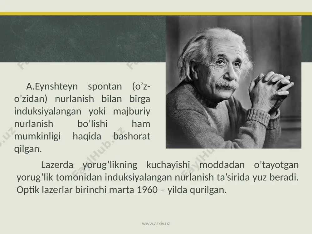 agi yashash vaqti 10-3 s va bu sathlar enеrgiyasi nеon atomining 2s va 3s sathlarining enеrgiyalariga yaqin. bu holda yuqori enеrgеtik sathdagi gеliy atomlari pastki sathda joylashgan nеon atomlari bilan noelastik (rеzonans) to’qnashib uni yuqorigi 2s va 3s ishchi sathlarga chiqaradi. www.arxiv.uz 2-rasm. gеliy va nеon atomlarining elеktron enеrgеtik sathlari diagrammalari. rasmda qo’yidagi a) 1 3,39 mkm, b) 2  0,63 mkm, s) 3  1,15 mkm. gеnеratsion o’tishlar ko’rsatilgan. www.arxiv.uz www.arxiv.uz www.arxiv.uz e’tiboringiz uchun raxmat www.arxiv.uz image2.jpeg image5.png image6.jpeg image7.jpeg image8.png image9.jpeg image10.jpeg image11.emf oleobject1.bin image12.gif image13.jpeg image14.png image15.jpeg image16.jpeg image1.png