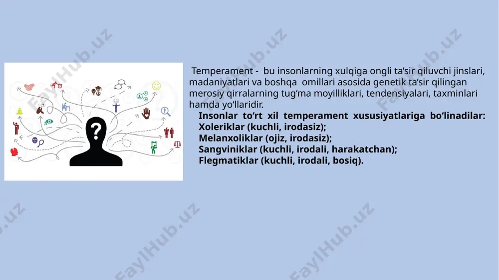 zini qanday tutishini oldindan ko`rish imkonini beradi. xarakter — adabiyot va sanʼat asarlarida xususiy belgilari mukammal tasvirlangan va oʻzida feʼlatvor (xattiharakat, kechinma, fikriy va nutqiy faoliyat)ning tarixan aniq tipini mujassamlantirgan, shuningdek, muallifning maʼnaviyestetik konsepsiyasini ifodalagan inson obrazi. badiiy x. umumiy (takrorlanuvchi) va xususiy (takrorlanmaydigan); obyektiv (badiiy x.ga proobraz boʻlib xizmat qilgan kishi hayotining ijtimoiypsixologik asoslari) va subyektiv (proobrazning muallif tomonidan idrok va talkin etilgan) belgilarning oʻzaro uyushgan hosilasidir. adabiyot va sanʼat asarlaridagi x. tushunchasi falsafa, sotsiologiya va psixologiyadagi ayni tushunchadan inson obrazining konsepsiyaviyligi bilan ajralib turadi. xarakter haqida tushuncha har bir odam har qanday boshqa odamdan o`zining individual - psixologik xususiyati bilan ajralib turadi. bu erda gap xarakter haqida boradi. “xarakter” so`zi aynan tarjima qilinganda grekchadan “tamg`a” degan ma`noni anglatadi. lekin har qanday individual xususiyatlar ham xarakter bo`la olmaydi. masalan, ko`rish va eshitishning o`tkirligi, tez esda olib qolish bu xarakter emas. xarakter deganda mazkur shaxs uchun tipik hisoblangan, faoliyat usullarida …