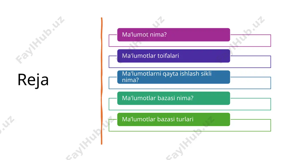 otlarni o'z ichiga olishi mumkin, ularni qo'shimcha ishlov berishsiz tartibga solish yoki tahlil qilish oson emas. ma'lumotlarni qayta ishlash sikli nima? ma'lumotlarni qayta ishlash tsikli mazmunli tushunchalarni yaratish uchun xom ma'lumotlarga qo'llaniladigan o'zgarishlarning iterativ ketma-ketligini anglatadi. uni alohida bosqichlarga ega quvur liniyasi sifatida ko'rish mumkin: ma'lumotlarni yig'ish: ushbu bosqich turli manbalardan xom ma'lumotlarni to'plash uchun ishlatiladigan usullarni o'z ichiga oladi. bu sensorni o'qish, veb-ma'lumotlarni o'chirish yoki so'rovlar va ilovalar jurnallari orqali ma'lumot to'plashni o'z ichiga olishi mumkin. ma'lumotlarni tayyorlash: xom ma'lumotlar tabiatan tartibsiz va tahlil qilishdan oldin tozalash va oldindan ishlov berishni talab qiladi. ushbu bosqich etishmayotgan qiymatlarni aniqlash va qayta ishlash, nomuvofiqliklarni tuzatish, ma'lumotlarni izchil tuzilmaga formatlash va potentsial chegaralarni olib tashlash kabi vazifalarni o'z ichiga oladi. ma'lumotlarni kiritish: oldindan qayta ishlangan ma'lumotlar keyingi qayta ishlash va tahlil qilish uchun mos bo'lgan tizimga yuklanadi. bu ko'pincha ma'lumotlarni mashinada o'qiladigan formatga aylantirish va ma'lumotlar bazasida yoki ma'lumotlar omborida saqlashni o'z …