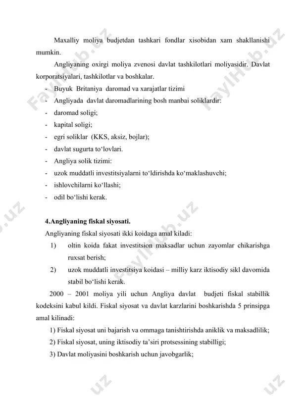 fukaro ushbu jamgarmaga 1998-1999 yillar 5000, 1999-2000 yillar 7000 angliya funt sterlingi mikdorida omonat ko‘yishi mumkin. bunga 1000 angliya funt sterlingi mikdorida nakd pul, 1000 angliya funt sterlingi mikdorida xayot sugurtasi, aksiya va obligatsiyalar kiritishi mumkin. omonatchilar daromad soligidan ozod etiladi. 5.buyuk britaniya solikli daromadlari va turlari. nolinchi solik stavkasi ko‘llanilganda iste’molchidan solik o‘chirilmaydi. nolinchi solik stavkasi ko‘llaniladigan tovarlarga ozik – ovkat maxsulotlari, xalkaro va ichki passajir transporti, kitoblar, gazetalar, yangi uylar kurilishi, bolalar kiyimi, dori – darmon va boshkalar kiradi. tovar va xizmatlar solikdan ozod etilsa iste’molchilar xam solik to‘lamaydi. bojxona bojlari yevropa ittifokiga kirmaydigan davlatlardan kelgan tovarlardan undiriladi. tovarlar yevropa ittifokida bojxona tekshiruvisiz erkin kuchayadi. transportda yokilgi sifatida ishlatiladigan mineral yogdonokari stavkadagi soliklar undiriladi. ekologik toza yokilgi uchun solik stavkasi xamdir. bular – benzin, dizel yokilgisi, gazdir. kerosin, yoglash materiallari aksiz yigimi olinmay, kam stavkali solik undiriladi. yokilgi o‘rnini bosuvchi boshka narsalar mineral yog kabi solikka tortiladi. aksiz …